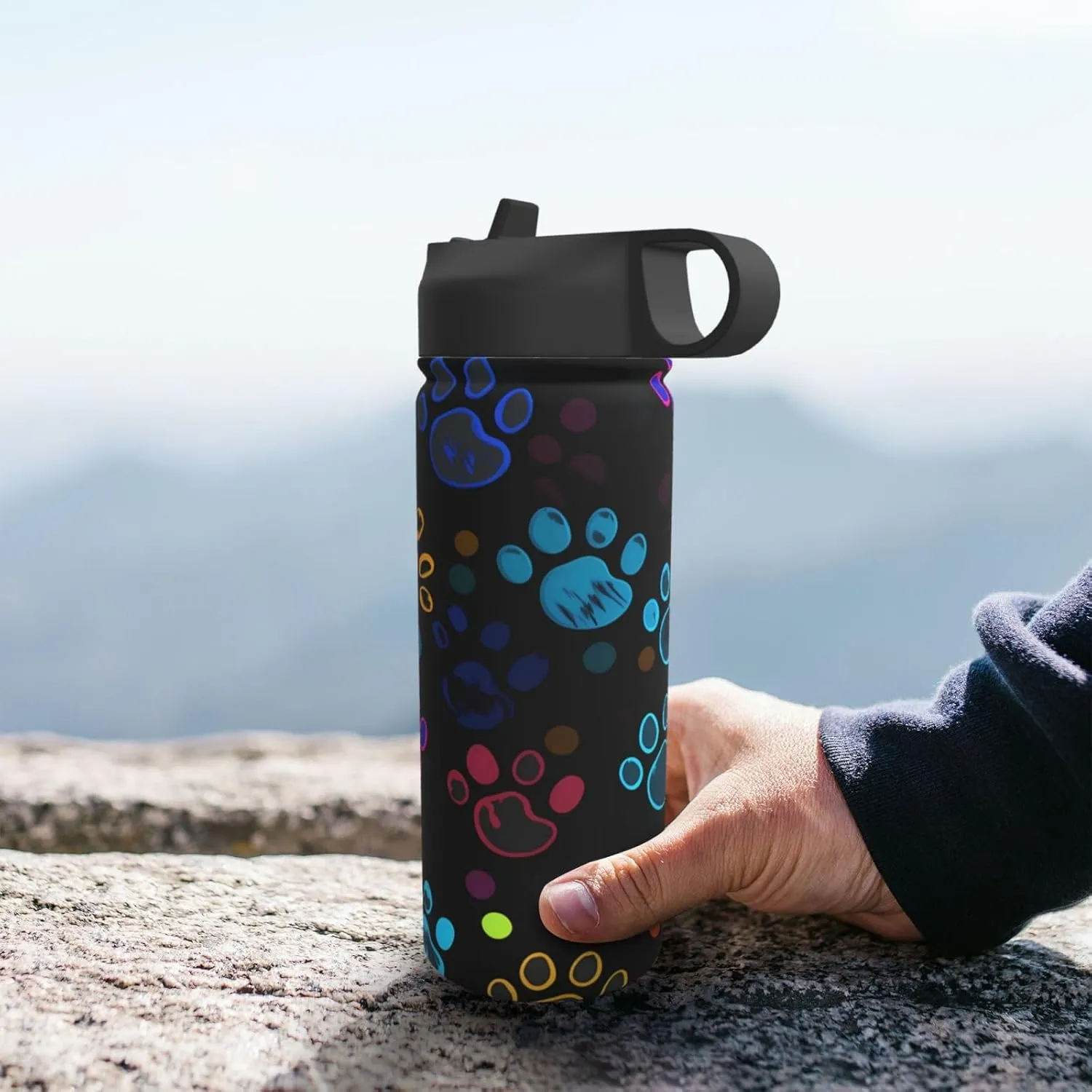 18oz Colorful Dog Paw Print Insulated Water Bottles With Straw, Steel Double Walled Vacuum Sports Water Bottle for Sports