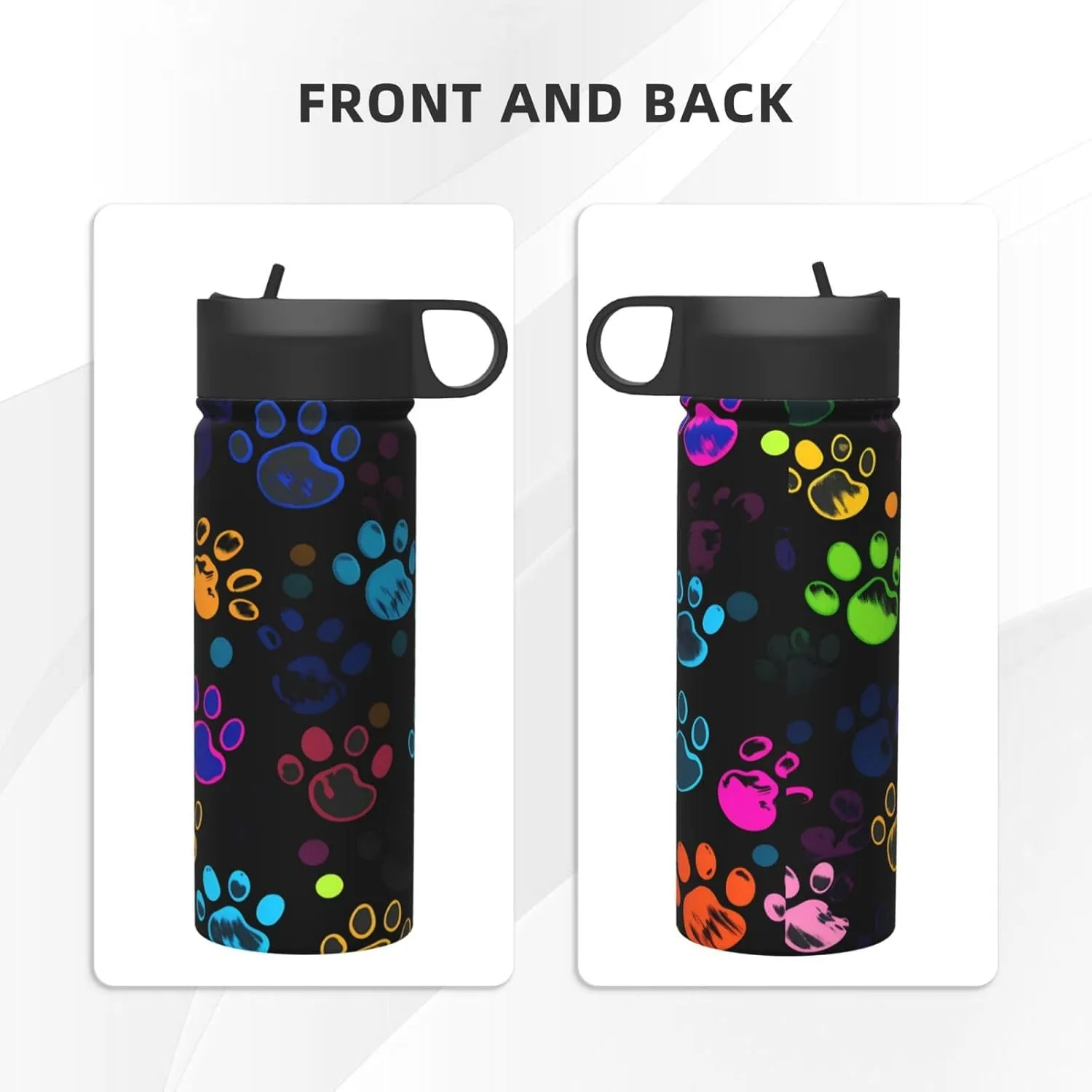 18oz Colorful Dog Paw Print Insulated Water Bottles With Straw, Steel Double Walled Vacuum Sports Water Bottle for Sports
