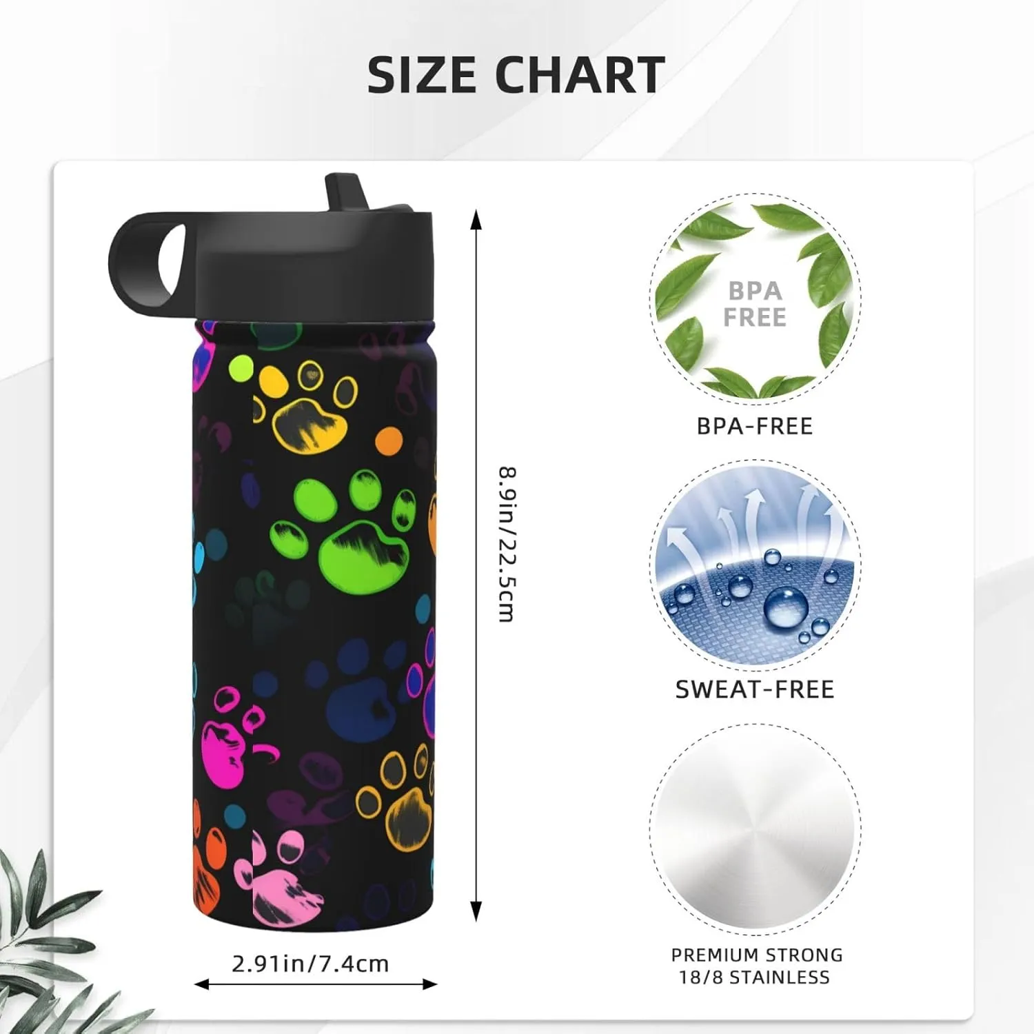 18oz Colorful Dog Paw Print Insulated Water Bottles With Straw, Steel Double Walled Vacuum Sports Water Bottle for Sports