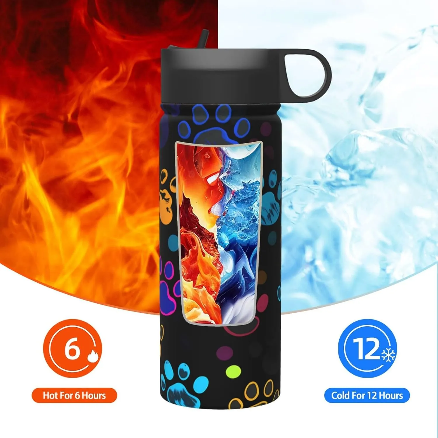 18oz Colorful Dog Paw Print Insulated Water Bottles With Straw, Steel Double Walled Vacuum Sports Water Bottle for Sports