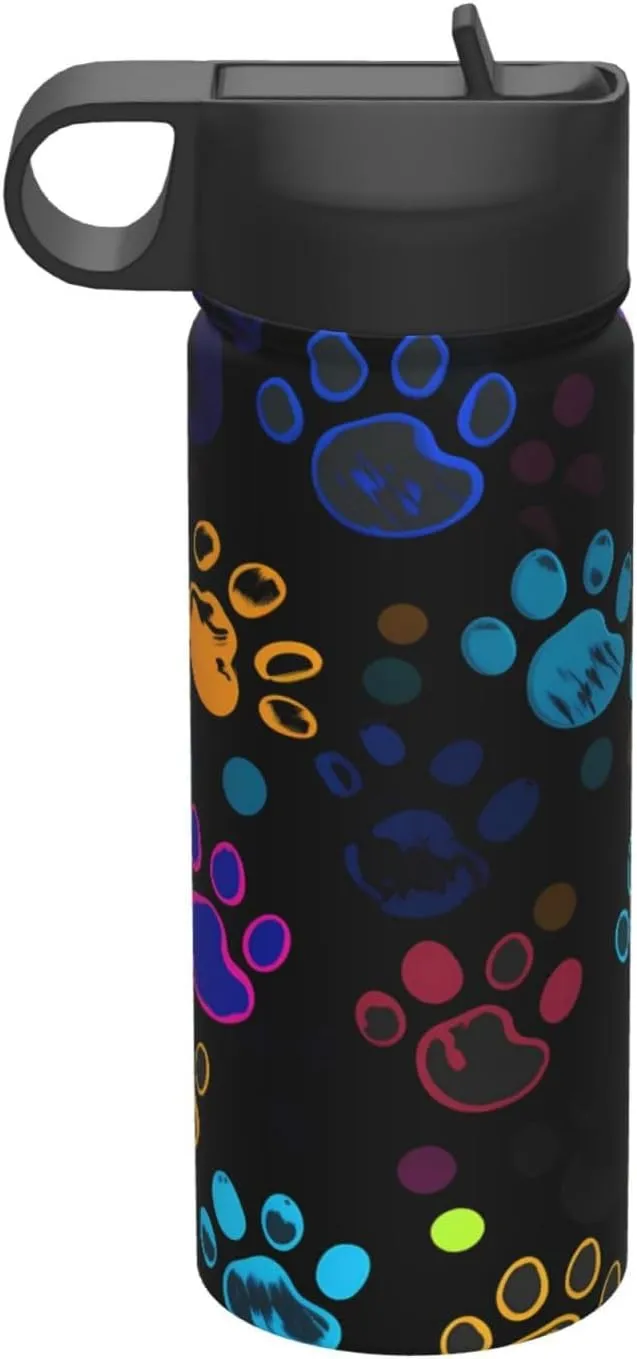 18oz Colorful Dog Paw Print Insulated Water Bottles With Straw, Steel Double Walled Vacuum Sports Water Bottle for Sports