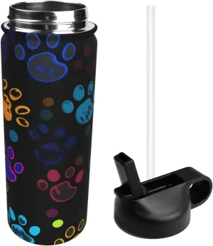 18oz Colorful Dog Paw Print Insulated Water Bottles With Straw, Steel Double Walled Vacuum Sports Water Bottle for Sports