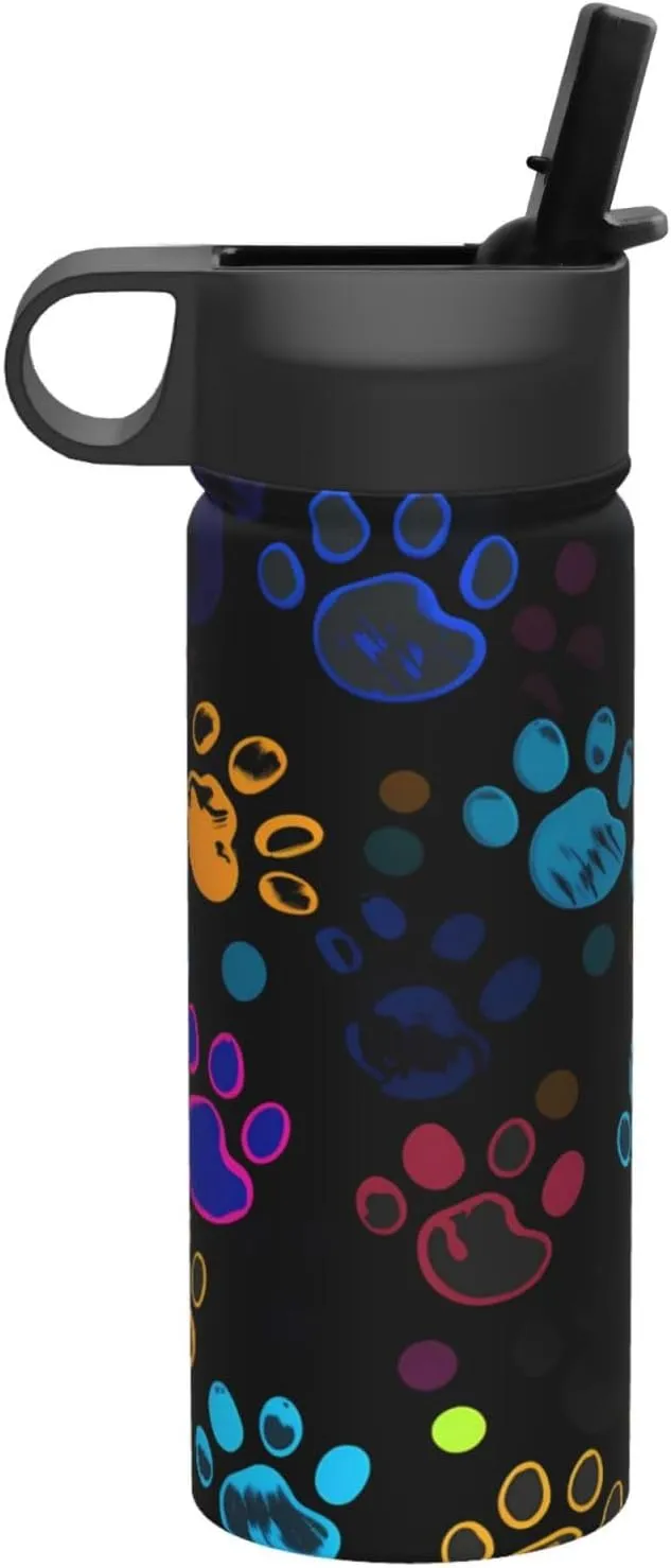 18oz Colorful Dog Paw Print Insulated Water Bottles With Straw, Steel Double Walled Vacuum Sports Water Bottle for Sports
