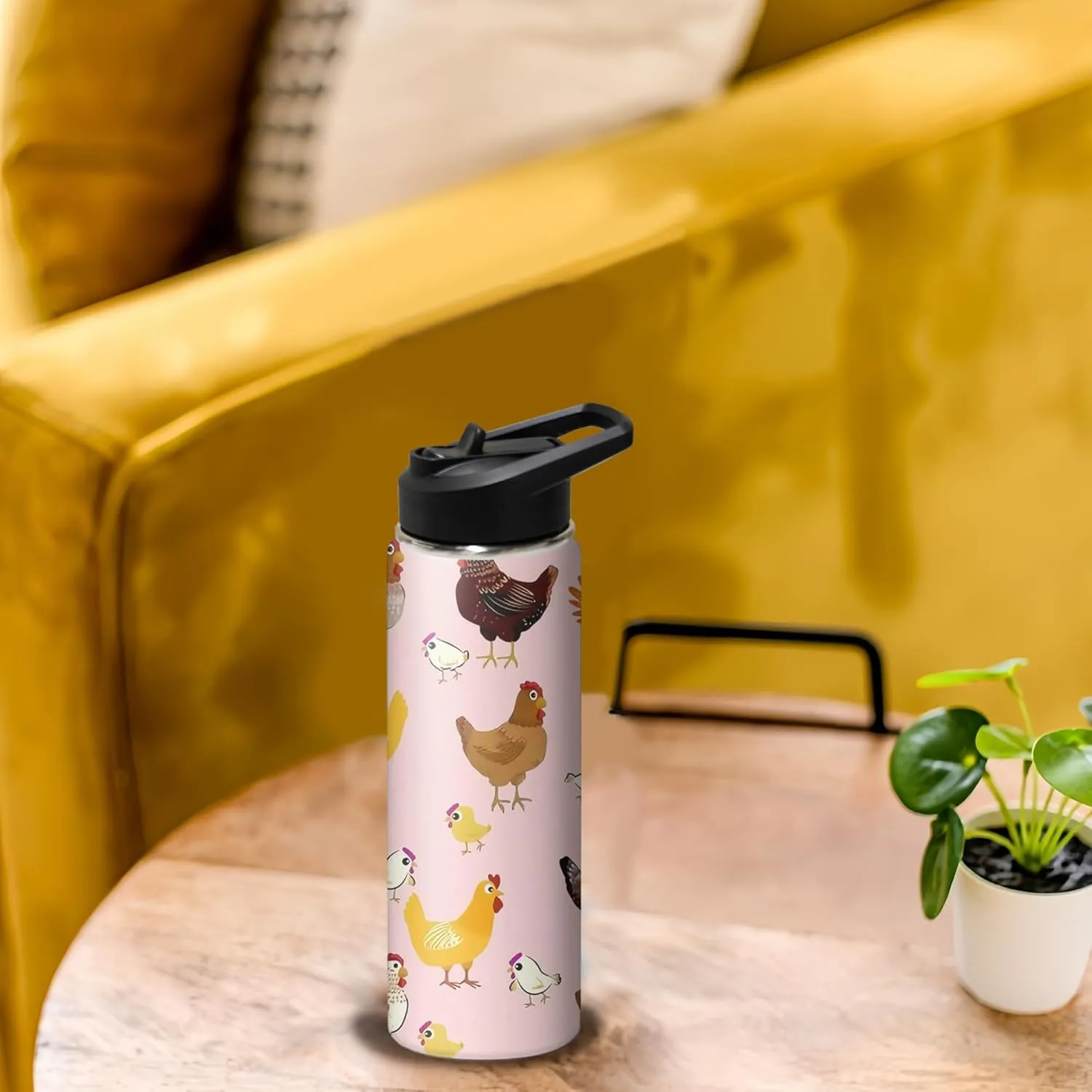 18oz Cute Chicken Water Bottle with Handle and Flip Straw, Sports Stainless Steel Insulated Cup, Travel Coffee Mug Tumbler, Birthday Mothers Day Chritmas Gifts for Women Animal Lovers