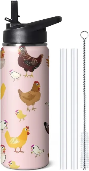 18oz Cute Chicken Water Bottle with Handle and Flip Straw, Sports Stainless Steel Insulated Cup, Travel Coffee Mug Tumbler, Birthday Mothers Day Chritmas Gifts for Women Animal Lovers