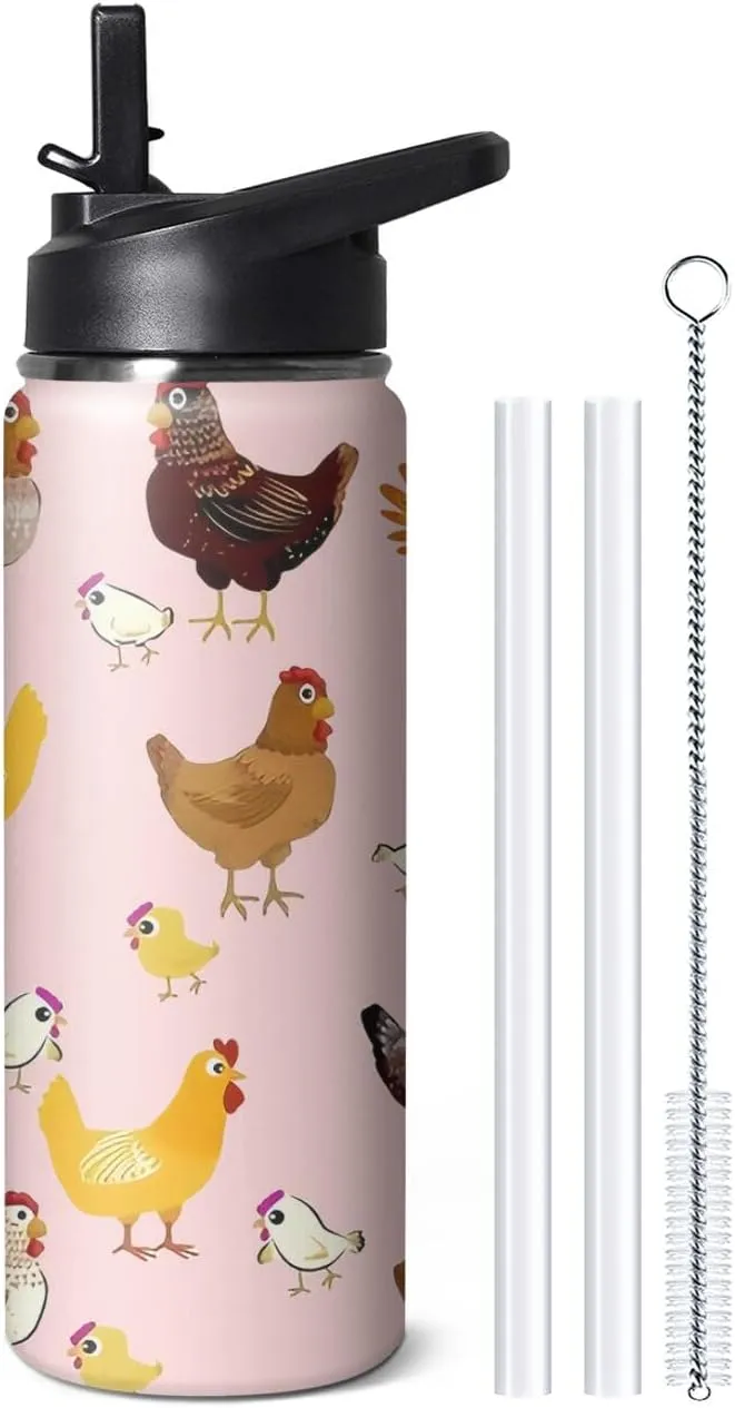 18oz Cute Chicken Water Bottle with Handle and Flip Straw, Sports Stainless Steel Insulated Cup, Travel Coffee Mug Tumbler, Birthday Mothers Day Chritmas Gifts for Women Animal Lovers
