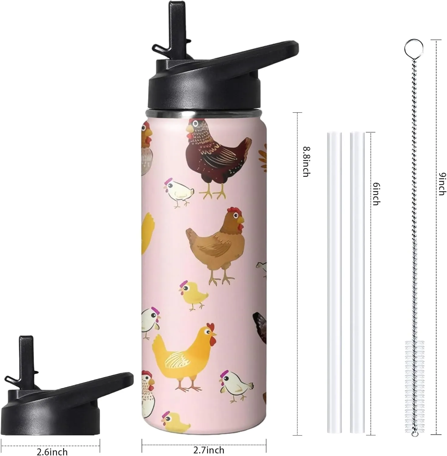 18oz Cute Chicken Water Bottle with Handle and Flip Straw, Sports Stainless Steel Insulated Cup, Travel Coffee Mug Tumbler, Birthday Mothers Day Chritmas Gifts for Women Animal Lovers
