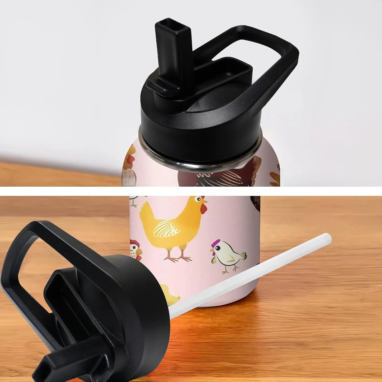 18oz Cute Chicken Water Bottle with Handle and Flip Straw, Sports Stainless Steel Insulated Cup, Travel Coffee Mug Tumbler, Birthday Mothers Day Chritmas Gifts for Women Animal Lovers