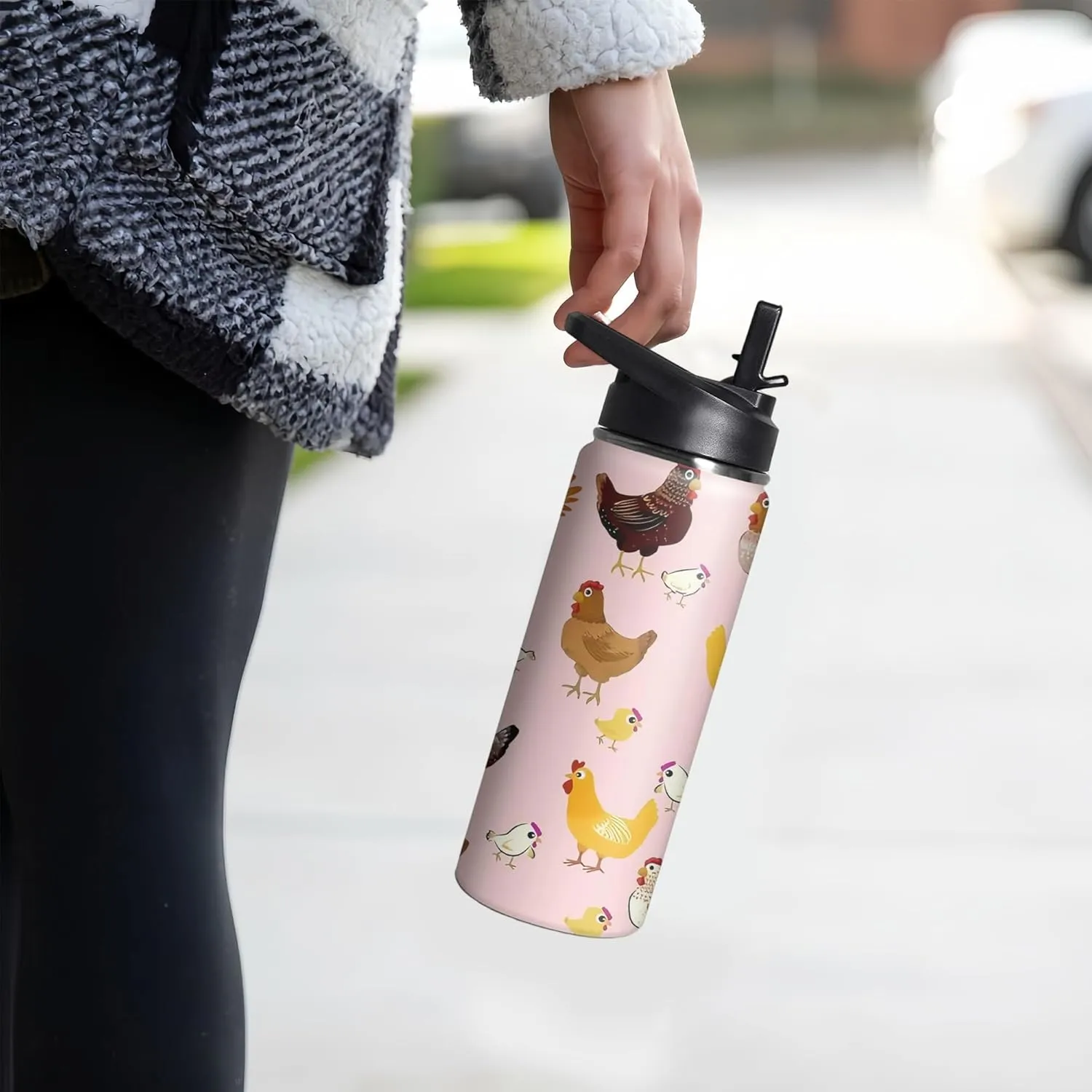 18oz Cute Chicken Water Bottle with Handle and Flip Straw, Sports Stainless Steel Insulated Cup, Travel Coffee Mug Tumbler, Birthday Mothers Day Chritmas Gifts for Women Animal Lovers
