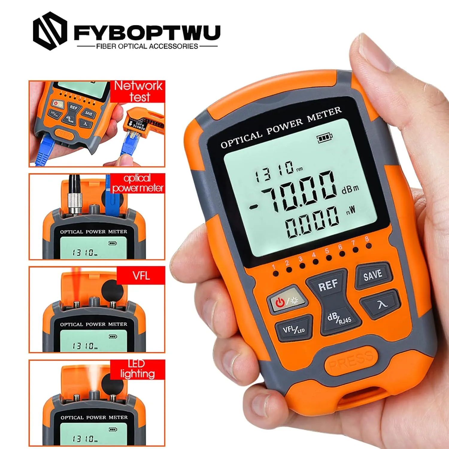 1pc 4 in 1 Function VFL-10 Visual Fault Locator & OPM Portable Optical Power Meter (FC/SC/ST) & RJ45 Network Test & LED Lighting, Portable Fiber Optic Tester, Range: (-70) dBm ~ ( 10) dBm