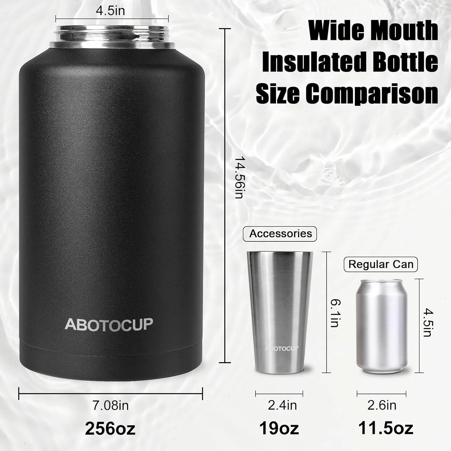 2 Gallon Water Jug with Wide Mouth, 256oz Insulated Water Bottle Keep Cold24h&Hot12h, Comes with Ergonomic Handle, Two Double Walled 16oz 18/8 Stainless Steel Cups Thermo Canteen Mug