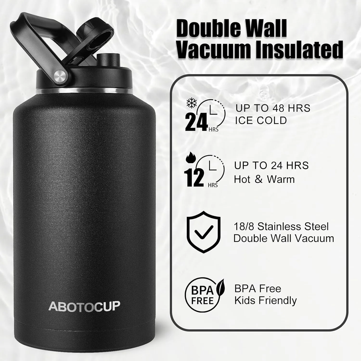 2 Gallon Water Jug with Wide Mouth, 256oz Insulated Water Bottle Keep Cold24h&Hot12h, Comes with Ergonomic Handle, Two Double Walled 16oz 18/8 Stainless Steel Cups Thermo Canteen Mug