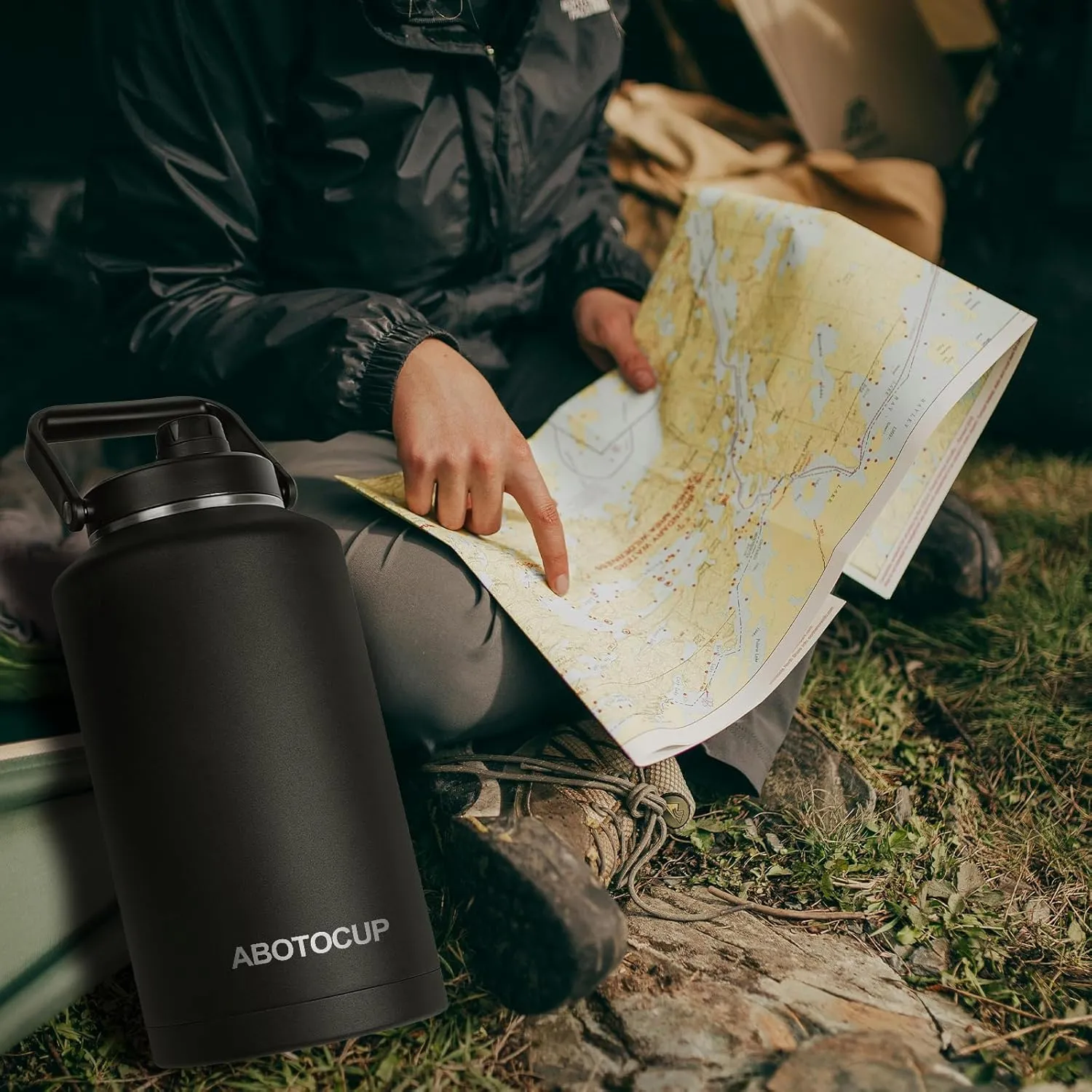 2 Gallon Water Jug with Wide Mouth, 256oz Insulated Water Bottle Keep Cold24h&Hot12h, Comes with Ergonomic Handle, Two Double Walled 16oz 18/8 Stainless Steel Cups Thermo Canteen Mug