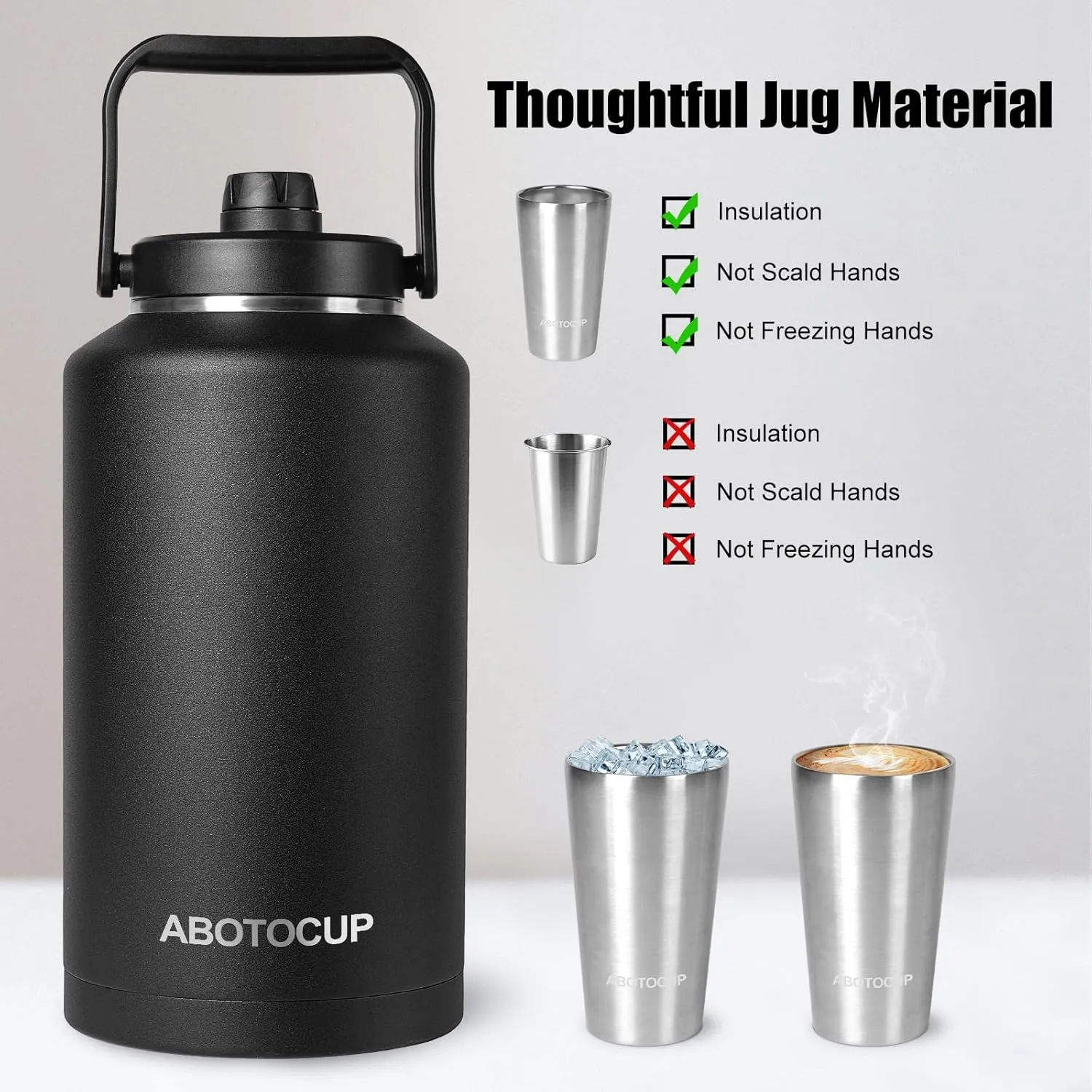 2 Gallon Water Jug with Wide Mouth, 256oz Insulated Water Bottle Keep Cold24h&Hot12h, Comes with Ergonomic Handle, Two Double Walled 16oz 18/8 Stainless Steel Cups Thermo Canteen Mug