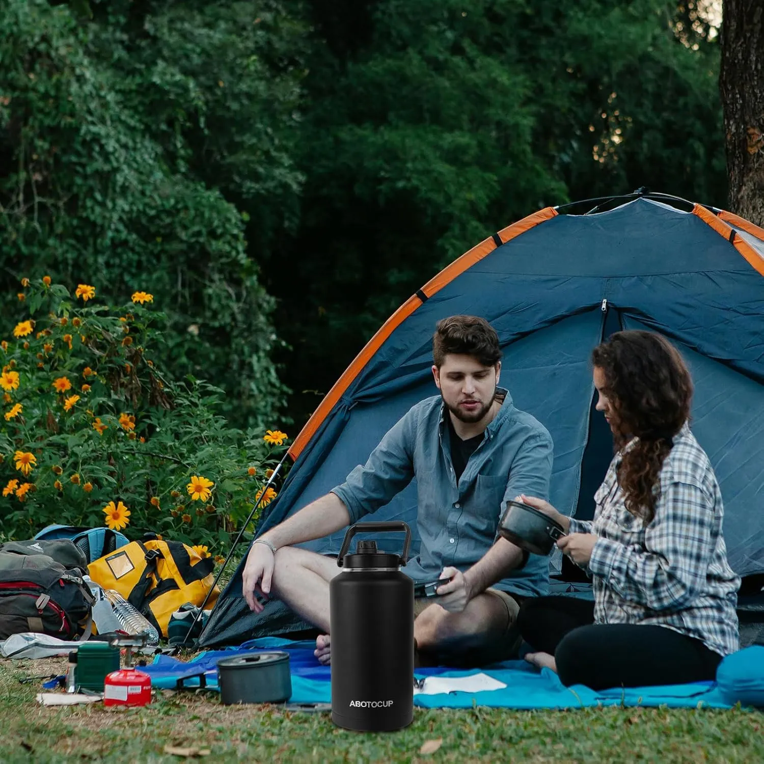 2 Gallon Water Jug with Wide Mouth, 256oz Insulated Water Bottle Keep Cold24h&Hot12h, Comes with Ergonomic Handle, Two Double Walled 16oz 18/8 Stainless Steel Cups Thermo Canteen Mug