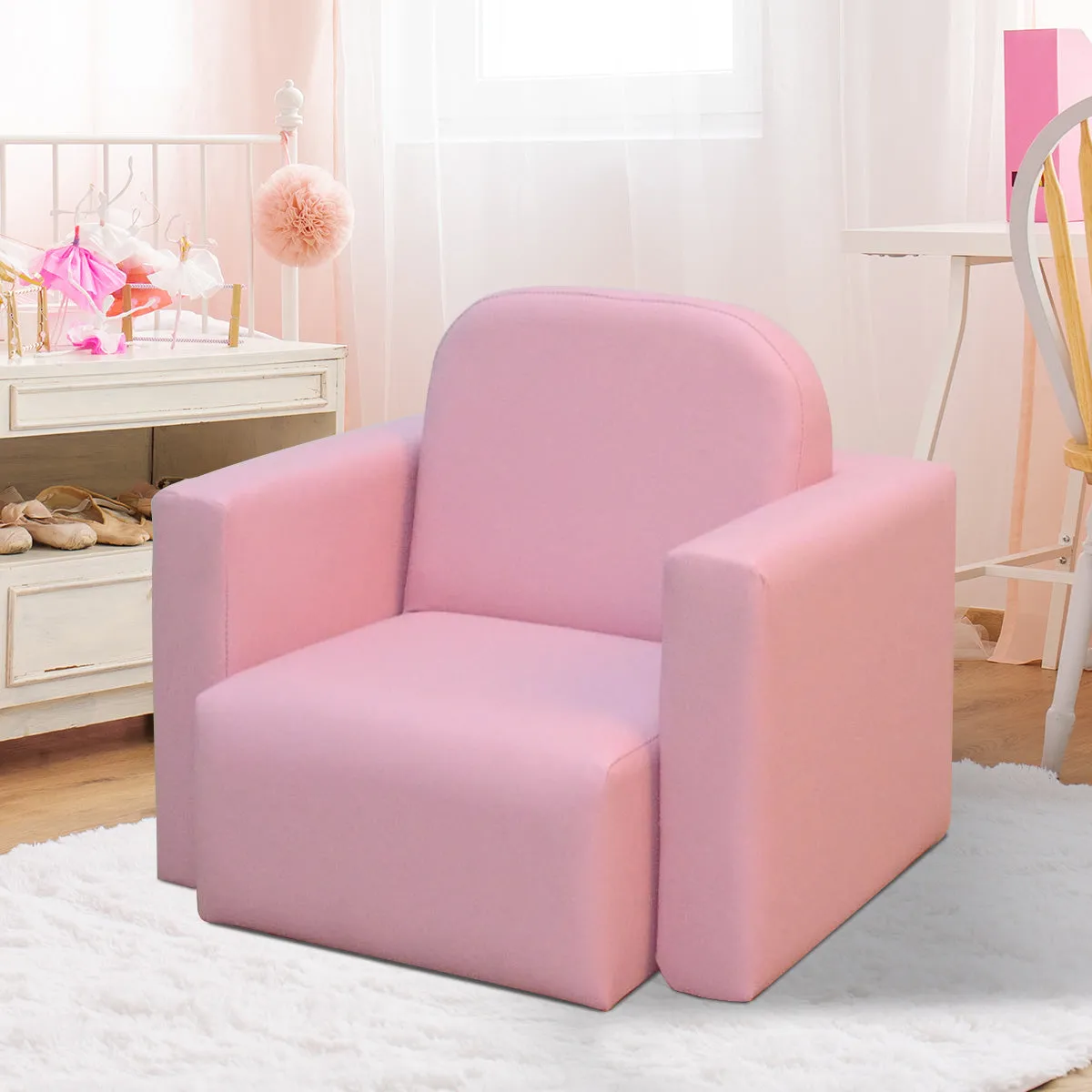 2-in-1 Kids Convertible Table & Sofa Chair Set, Pink Multifunctional Toddler Armchair and Activity Couch
