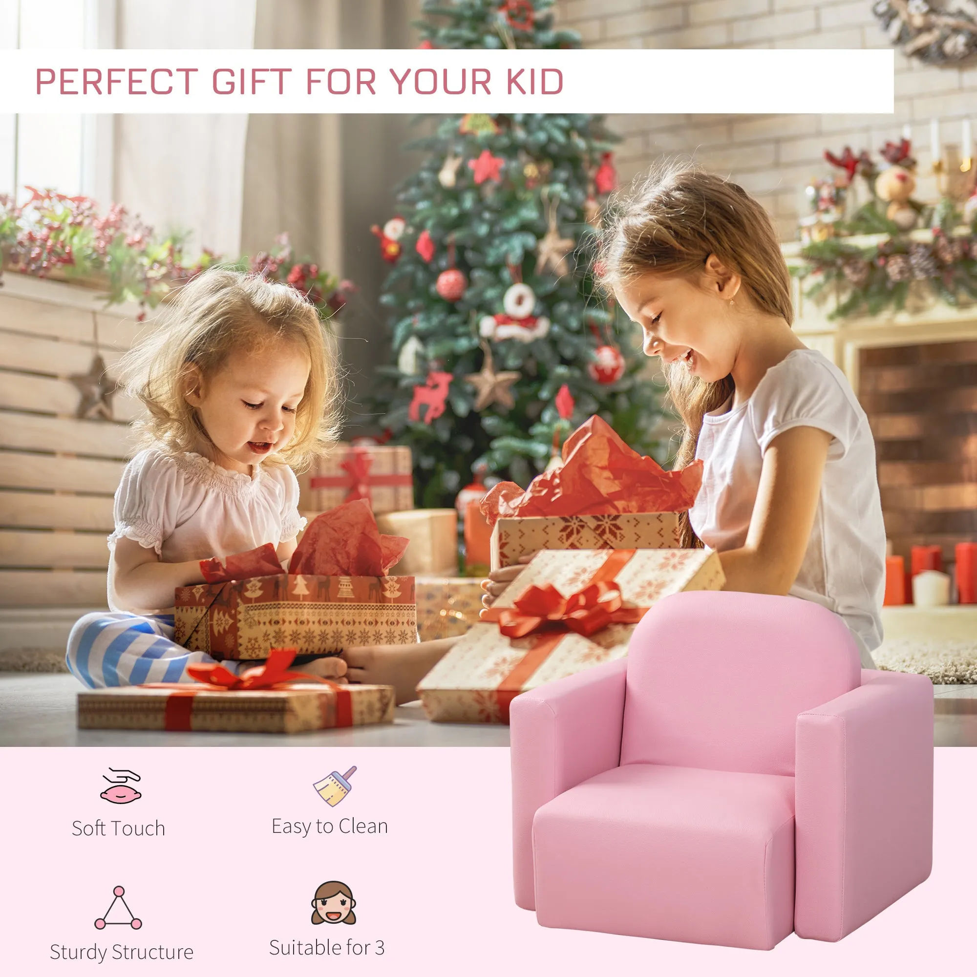 2-in-1 Kids Convertible Table & Sofa Chair Set, Pink Multifunctional Toddler Armchair and Activity Couch