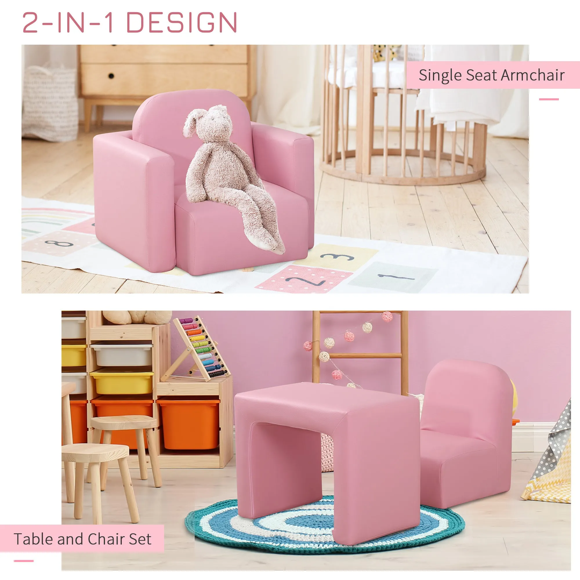 2-in-1 Kids Convertible Table & Sofa Chair Set, Pink Multifunctional Toddler Armchair and Activity Couch