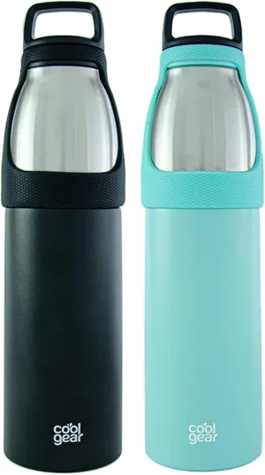 2 Pack COOL GEAR Saturn 24oz Stainless Steel Water Bottle | Silicone Tension Strap Tumbler - Black/Teal