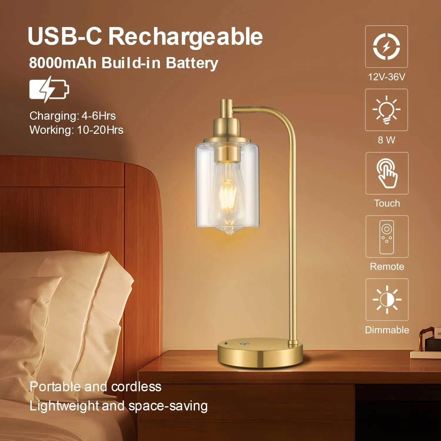 2 Pack Cordless Table Lamp Rechargeable Gold, 8000mAh Battery Operated Table Lamps with Remote Control, Touch Dimmable Bedside Lamps with Glass Shade, Portable Wireless Lamp for Bedroom, Living Room