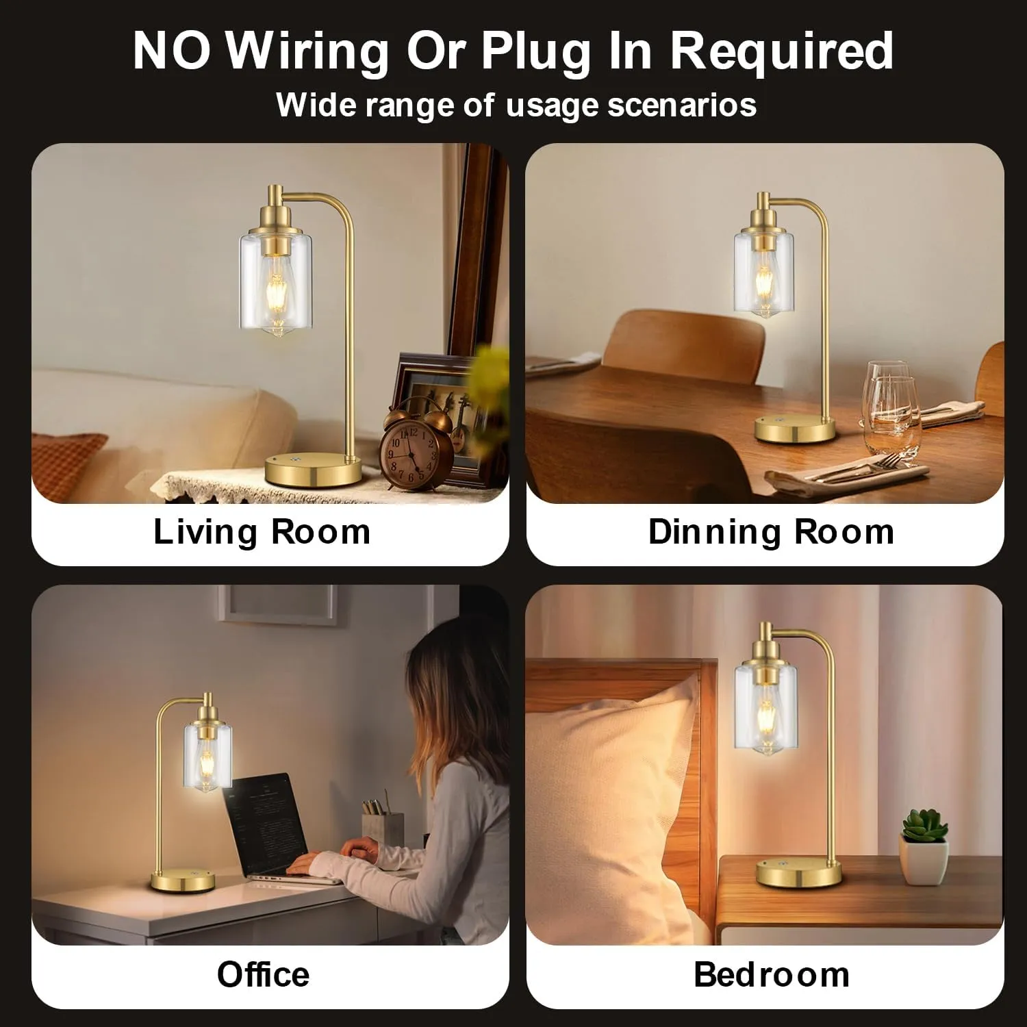 2 Pack Cordless Table Lamp Rechargeable Gold, 8000mAh Battery Operated Table Lamps with Remote Control, Touch Dimmable Bedside Lamps with Glass Shade, Portable Wireless Lamp for Bedroom, Living Room