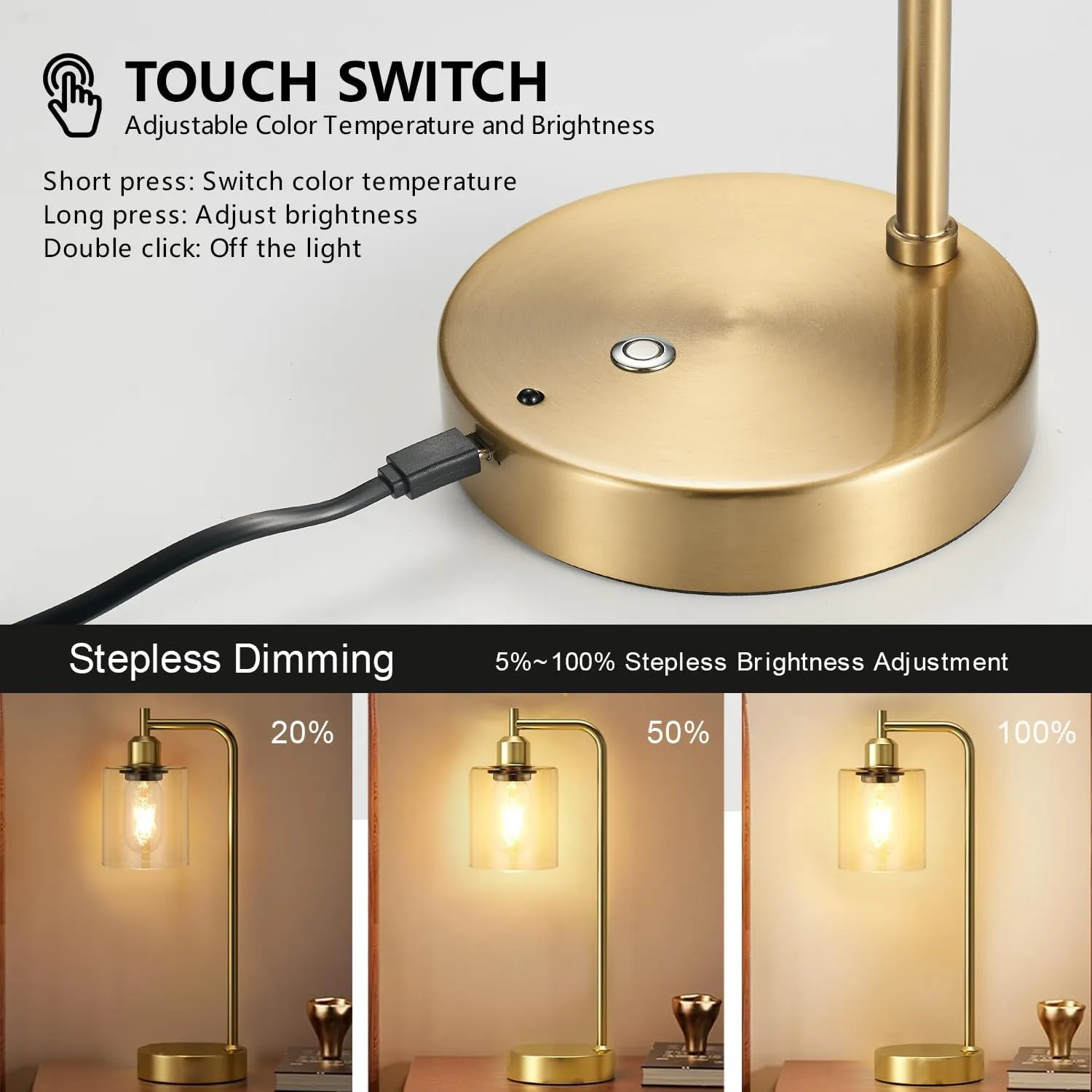 2 Pack Cordless Table Lamp Rechargeable Gold, 8000mAh Battery Operated Table Lamps with Remote Control, Touch Dimmable Bedside Lamps with Glass Shade, Portable Wireless Lamp for Bedroom, Living Room