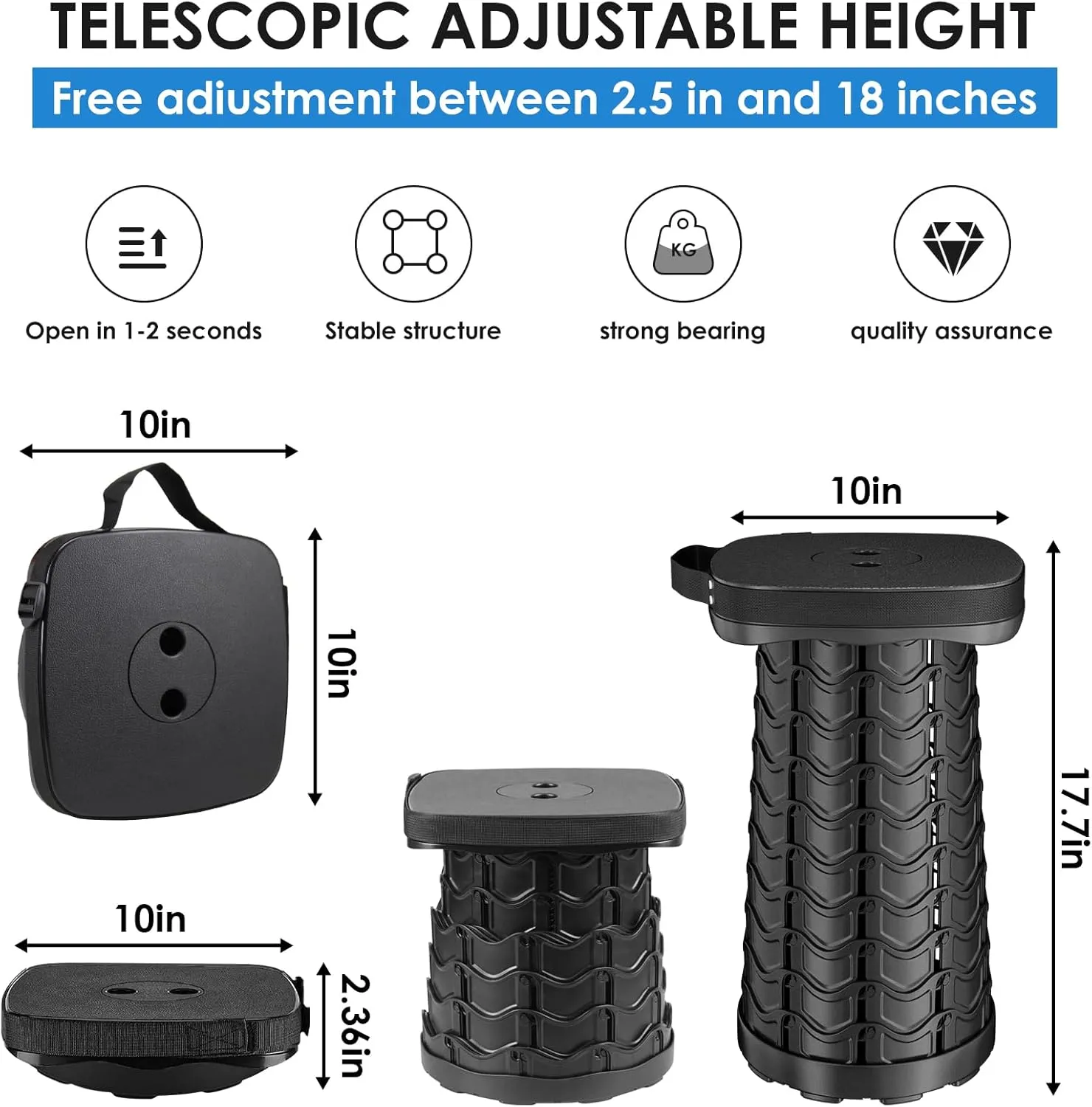 2 Pack Folding Camping Stool,Square Collapsible Portable Stool,Collapsible Stool Folding Stool Telescoping Stool for Fishing Hiking BBQ,Sturdy Lightweight Telescoping Foldable Stool,Max Load 485lb
