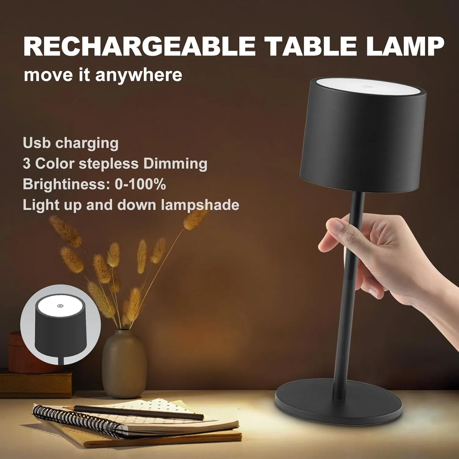 2 Pack Rechargeable Table Lamps, Battery Powered LED Desk Lamp, 3 Color Stepless Dimming Up, Portable Table Light for Bedroom/Couple Dinner/Desk/Cafe/Dining Room/Terrace,Waterproof & Wireless
