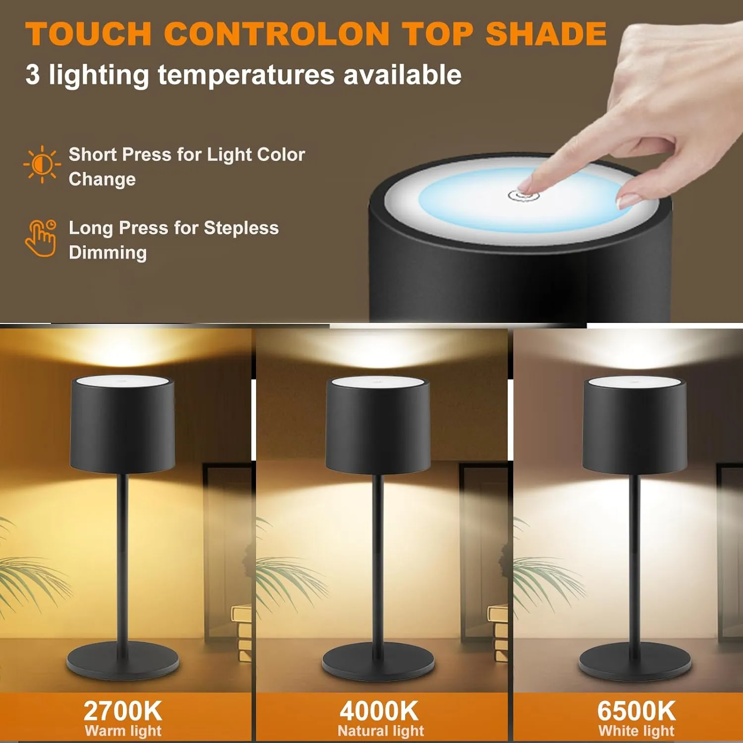 2 Pack Rechargeable Table Lamps, Battery Powered LED Desk Lamp, 3 Color Stepless Dimming Up, Portable Table Light for Bedroom/Couple Dinner/Desk/Cafe/Dining Room/Terrace,Waterproof & Wireless