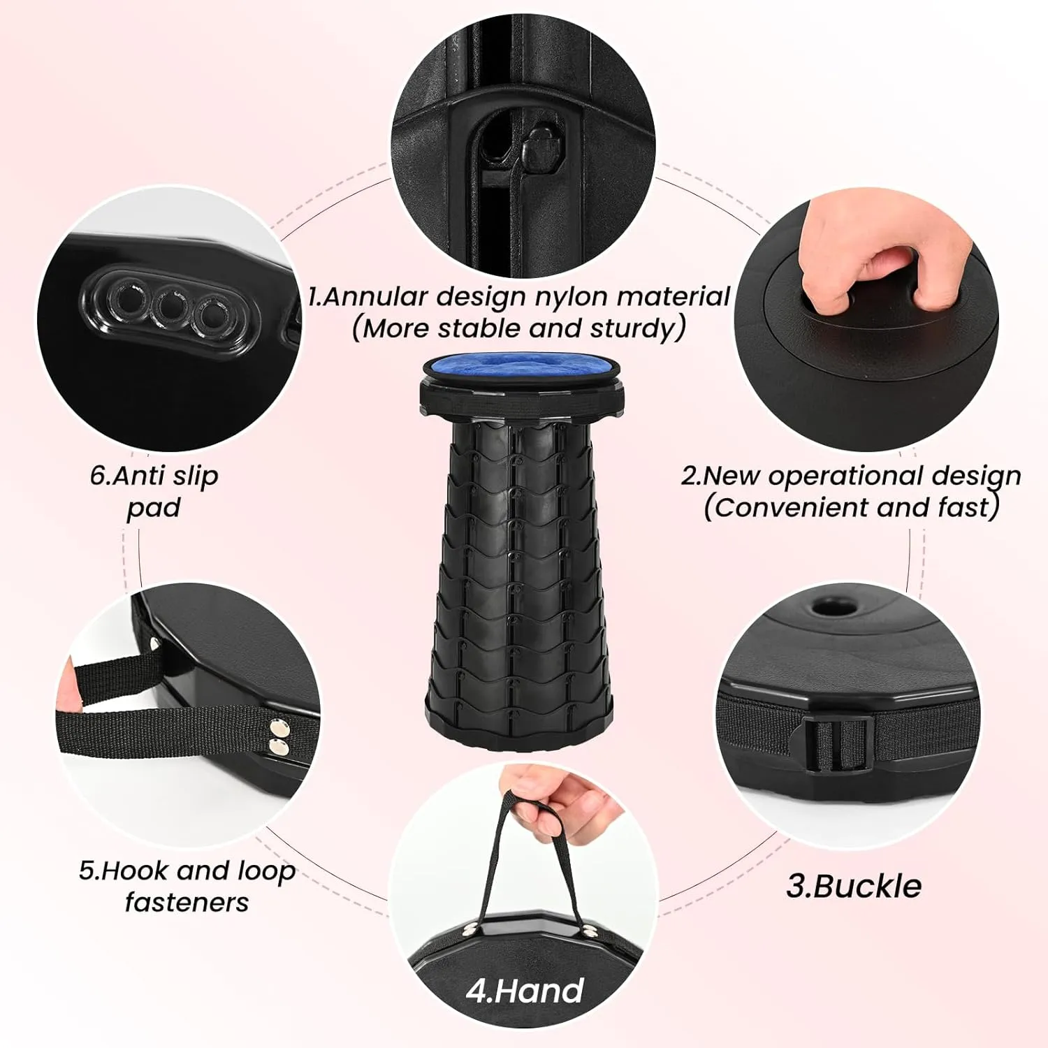 2 Pack Upgraded Collapsible Stool Folding Stool with Cushion,Retractable Folding Stool Max Load Capacity 400lbs, Portable Telescoping Stools for Camping Hiking Outdoor BBQ -Black