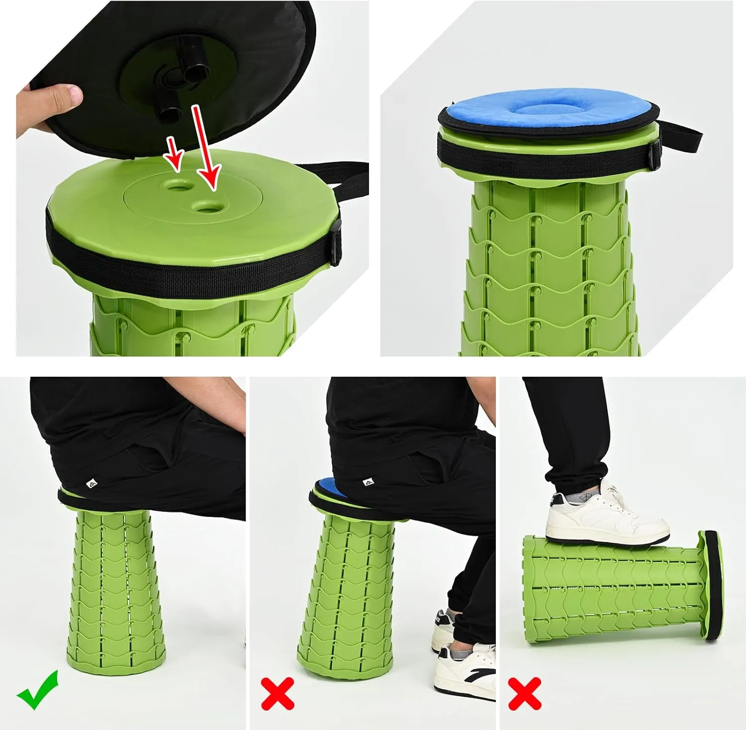2 Pack Upgraded Collapsible Stool with Cushion, Thickened Retractable Folding Stool Max Load Capacity 400lbs, Portable Telescoping Stools for Camping Fishing Outdoor Hiking BBQ -Green