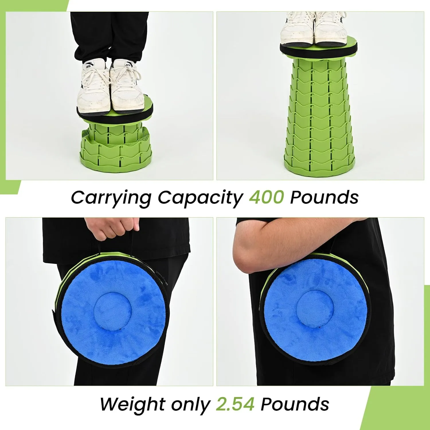 2 Pack Upgraded Collapsible Stool with Cushion, Thickened Retractable Folding Stool Max Load Capacity 400lbs, Portable Telescoping Stools for Camping Fishing Outdoor Hiking BBQ -Green