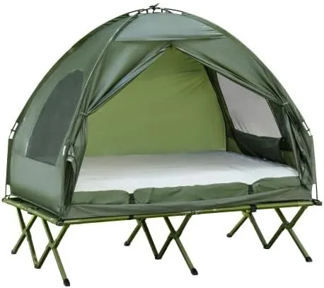 2 Person Foldable Camping Cot with Tent, Bedspread and Thick Air Mattress, 4-in-1 Elevated Camping Bed Tent for Outdoor Hiking, Picnic, Travel