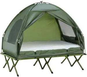 2 Person Foldable Camping Cot with Tent, Bedspread and Thick Air Mattress, 4-in-1 Elevated Camping Bed Tent for Outdoor Hiking, Picnic, Travel