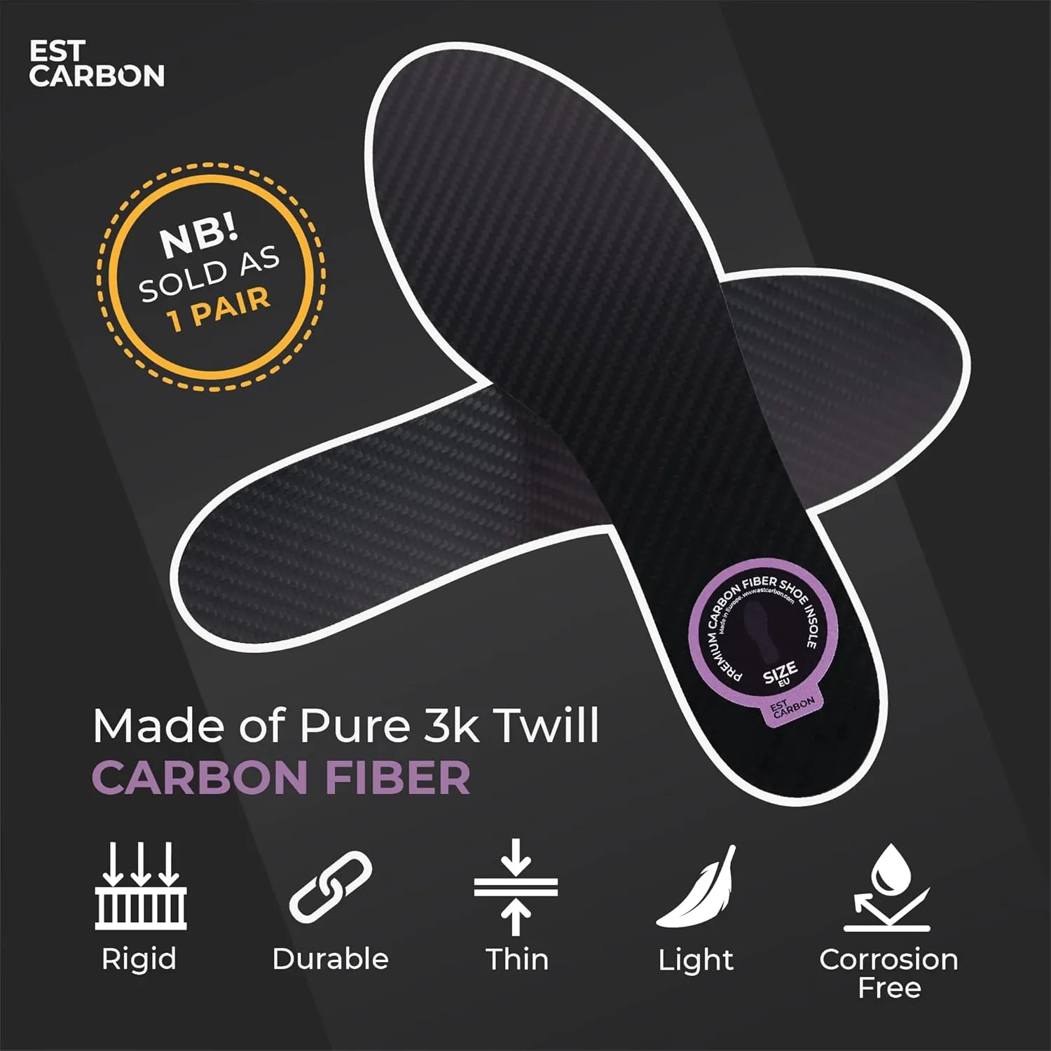 2 Piece (Pair) Carbon Fiber Insoles for Men & Women - Carbon Fiber Inserts for Basketball, Volleyball, Hiking,| Fits All Sneakers and Shoes - Enhances Athletic Performance Women 9, Men's 8-8.5