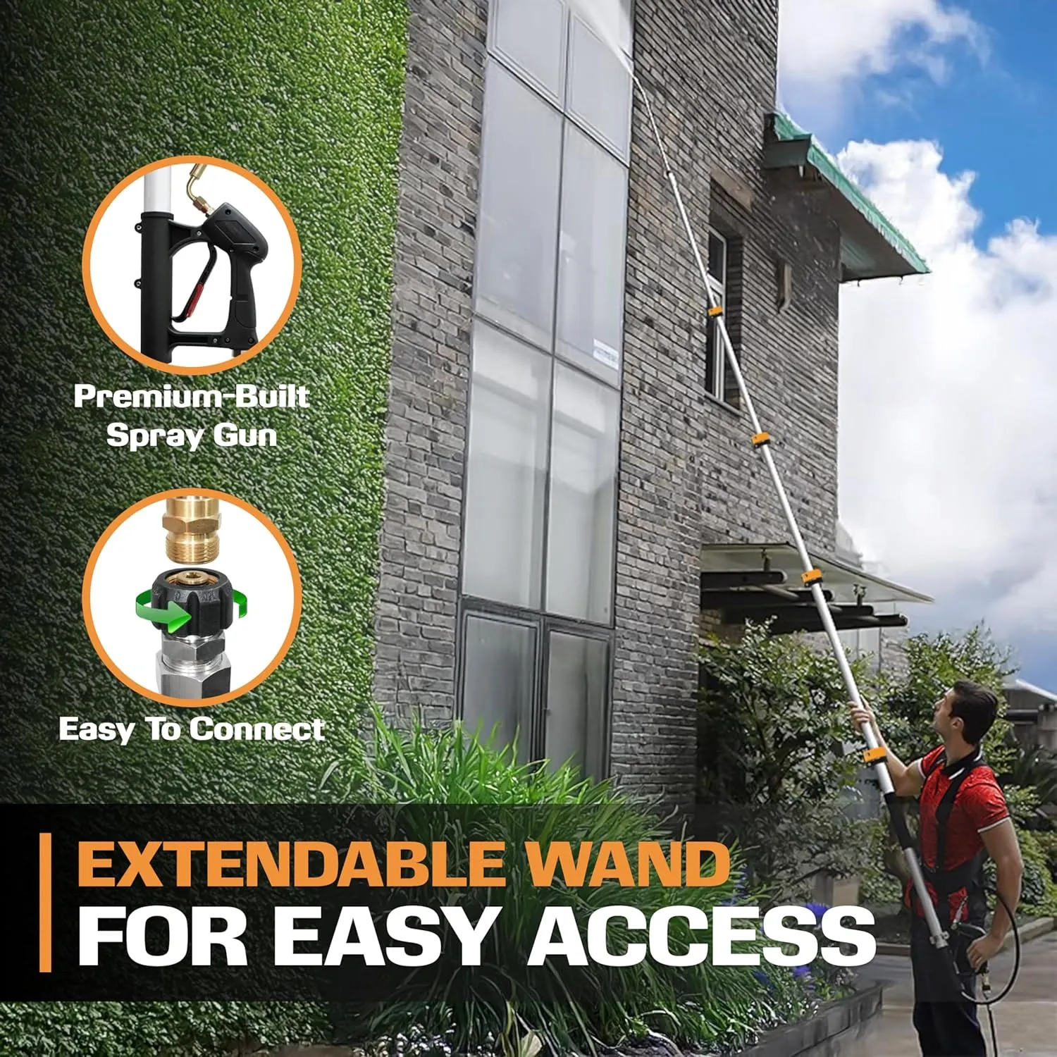 20 ft Telescoping Pressure Washer Wand by EDOU - Power Washer Gutter Cleaner Tool - 4,000 PSI Extension Pole with 1/4" Quick Connection, 5 Spray Nozzles, 2 Couplers, and Support Harness