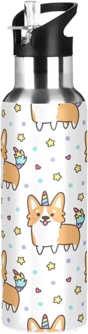 20oz Elsh Corgi Water Bottle, BPA Free Stainless Steel Water Bottle Leak-Proof Sports Bottle for Camping Workouts Gym and Outdoor Activity