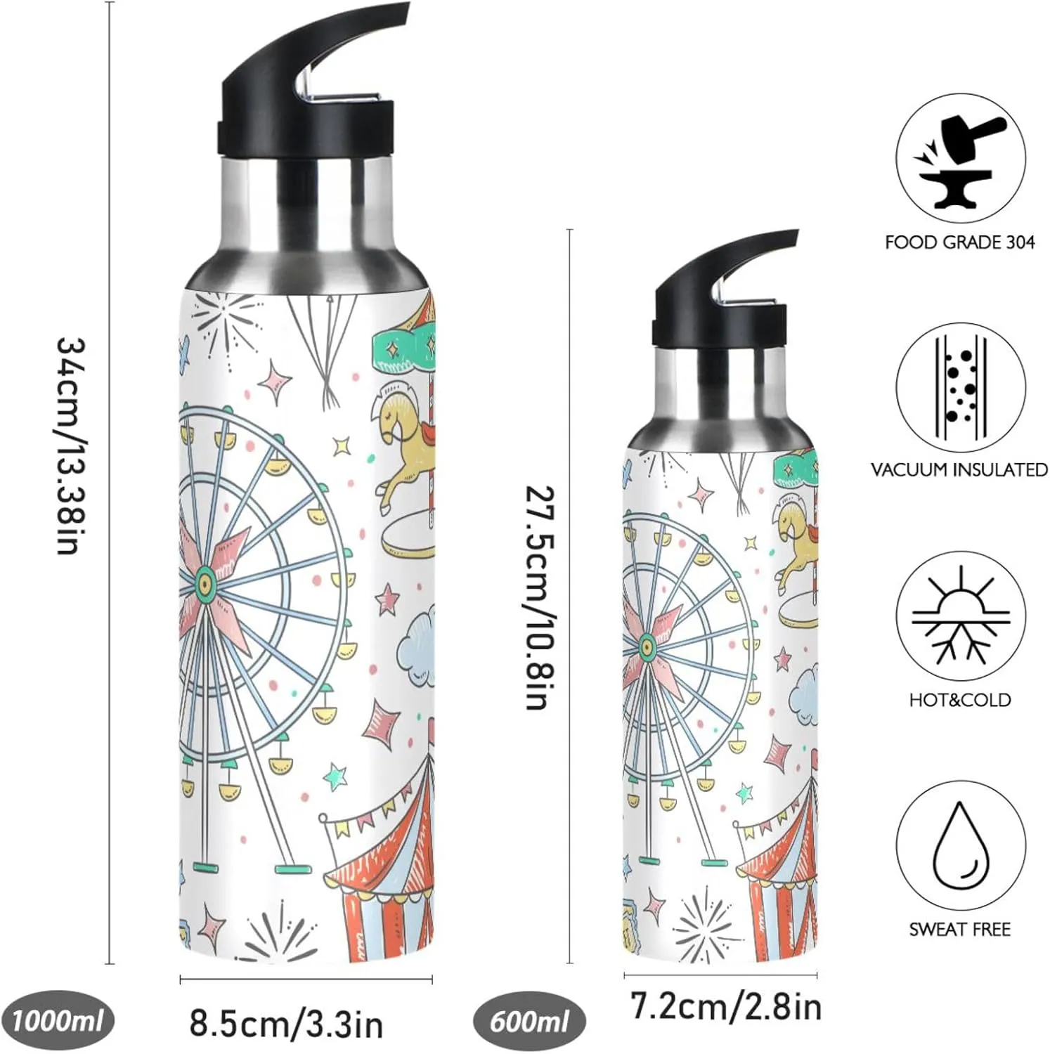 20oz Sports Water Bottle - Double Wall Vacuum Insulated Stainless Steel Water Jug, Amusement Park Pattern Thermo Bottle with Straw Lid for Gym, Kitchen, Working,Bike Running Travel