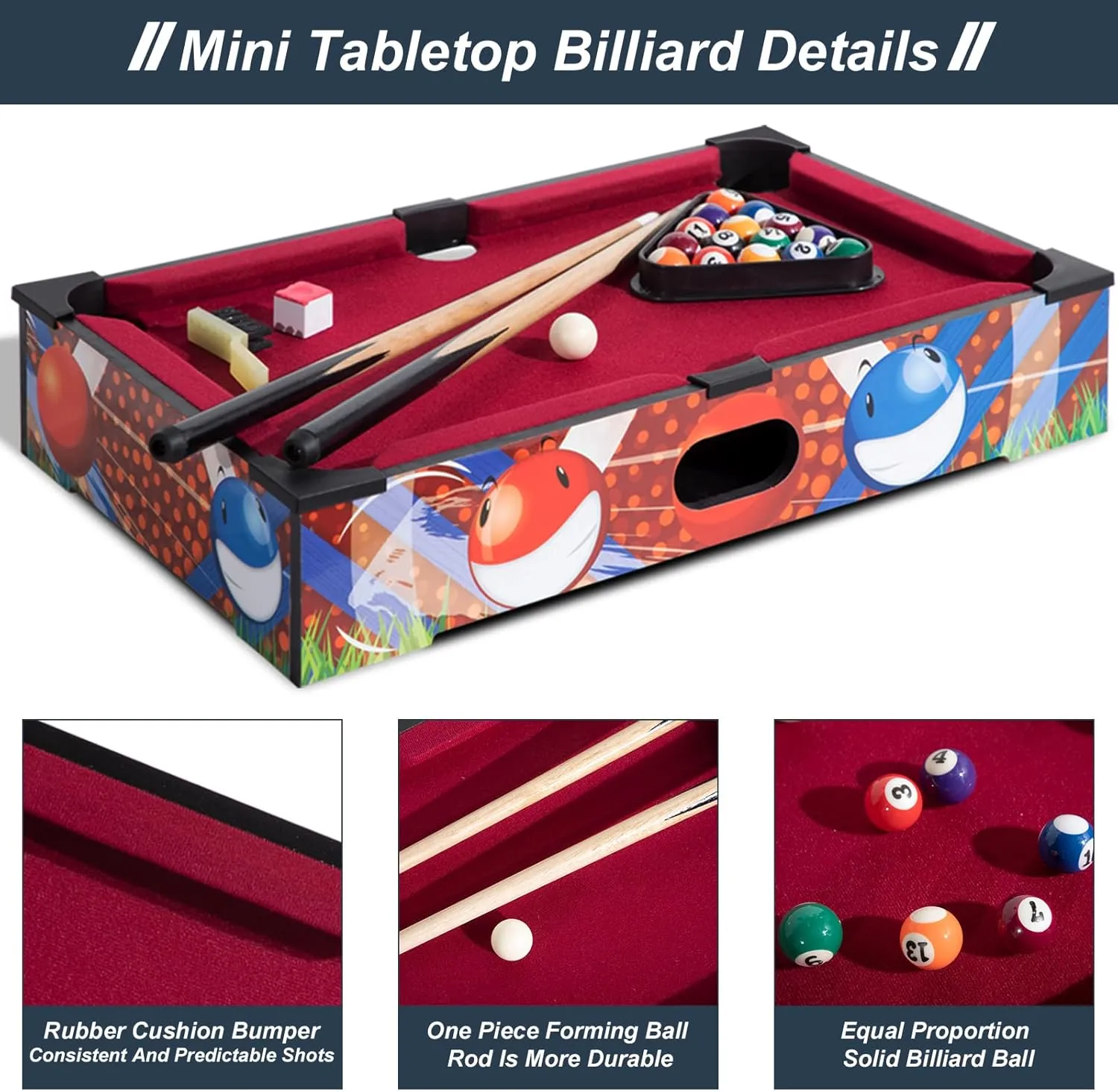 20" Mini Pool Table Set, Small Tabletop Pool Table, Portable Billiards Game Includes Small Billiards Balls, Pool Cues, Triangle Rack, Chalk, Brush for Family