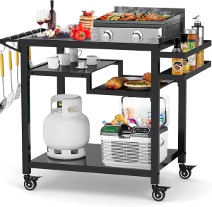 20"x 32" Three-Shelf Movable Outdoor Dining Cart Table, Multifunctional Food Prep Stand, Outdoor Grill Table with Wheels