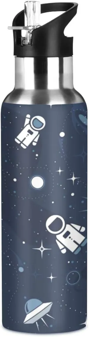 22 OZ Cartoon Astronaut Water Bottle with Straw - BPA Free Leakproof Stainless Steel Water Bottle for Women Men Water Jug for Fitness Gym Outdoor Sport