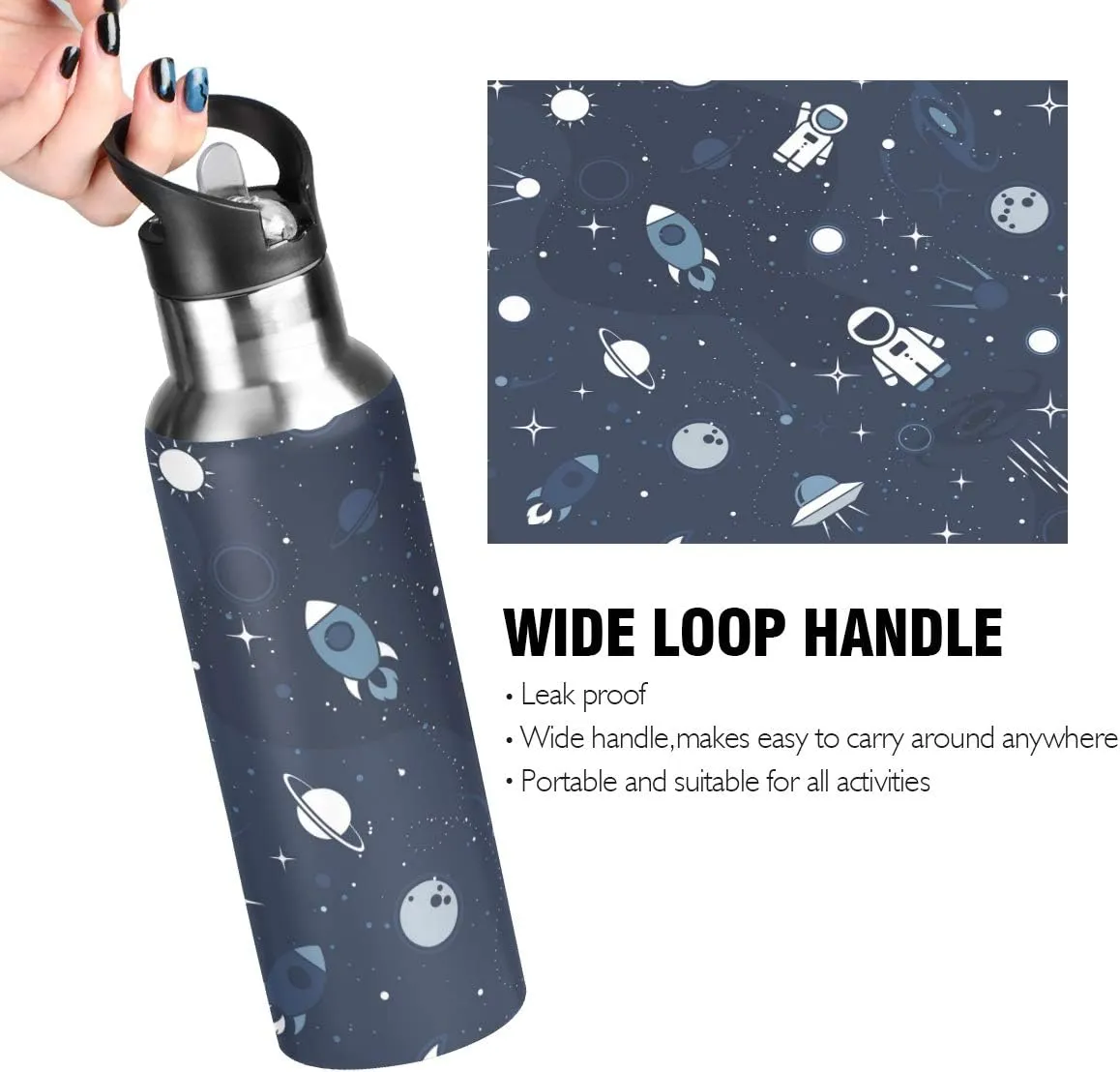 22 OZ Cartoon Astronaut Water Bottle with Straw - BPA Free Leakproof Stainless Steel Water Bottle for Women Men Water Jug for Fitness Gym Outdoor Sport