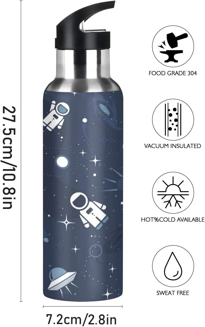 22 OZ Cartoon Astronaut Water Bottle with Straw - BPA Free Leakproof Stainless Steel Water Bottle for Women Men Water Jug for Fitness Gym Outdoor Sport
