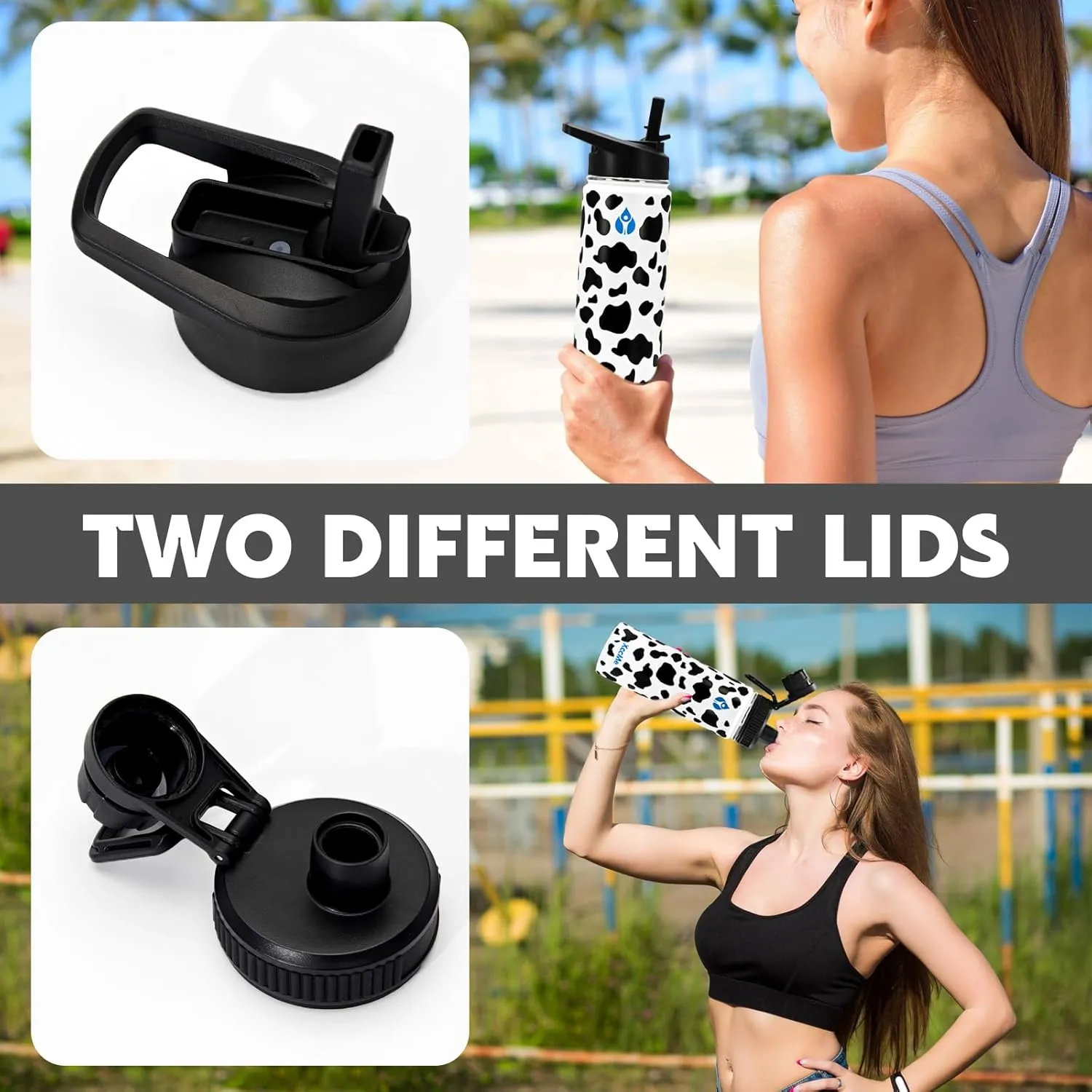 22 oz Insulated Water Bottles,Cow Print Stuff,Stainless Steel Double Wall Sports Metal water bottle,Cow Gifts for Women with Straws,2 Lids,Silicone Boot,Birthday Gifts for Women(Cow)