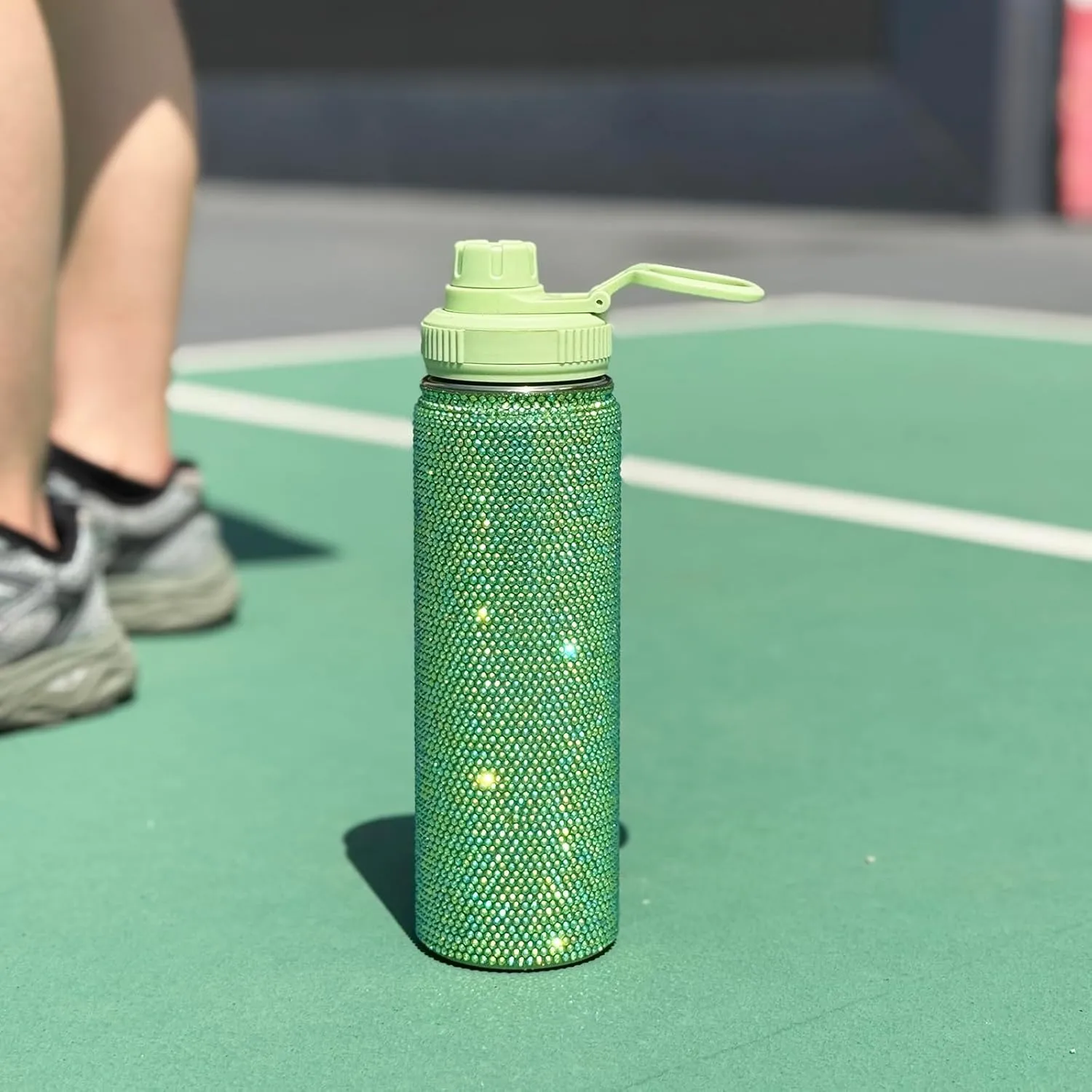 22oz Stainless Steel Bling Crystal Water Bottle Rhinestone Vacuum Insulated Bottle with Spout Lid Reusable Double-Wall Glitter Sport Bottle Gift for Women Girl (Green)