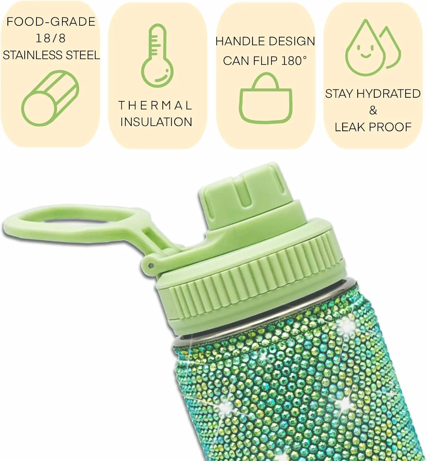 22oz Stainless Steel Bling Crystal Water Bottle Rhinestone Vacuum Insulated Bottle with Spout Lid Reusable Double-Wall Glitter Sport Bottle Gift for Women Girl (Green)