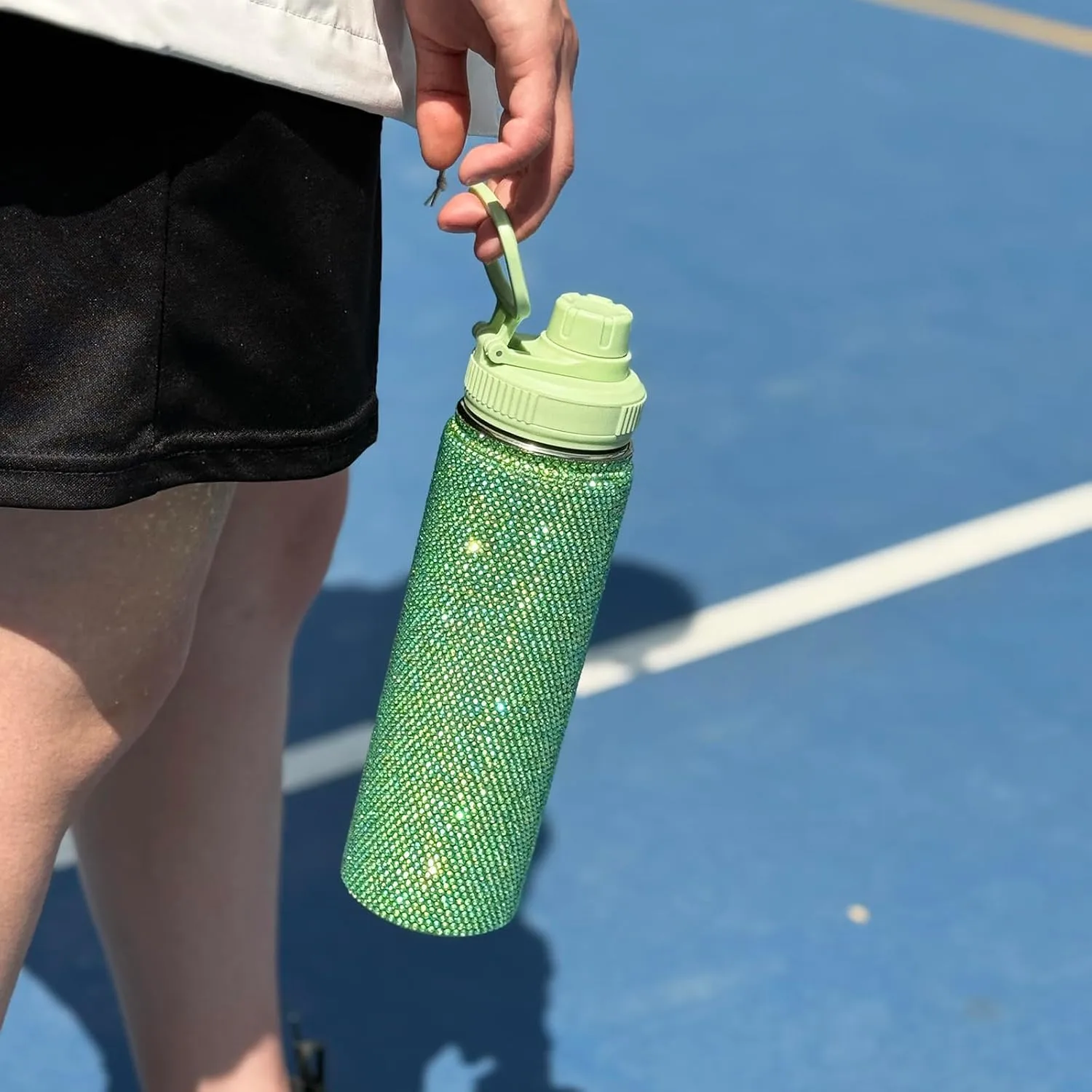 22oz Stainless Steel Bling Crystal Water Bottle Rhinestone Vacuum Insulated Bottle with Spout Lid Reusable Double-Wall Glitter Sport Bottle Gift for Women Girl (Green)