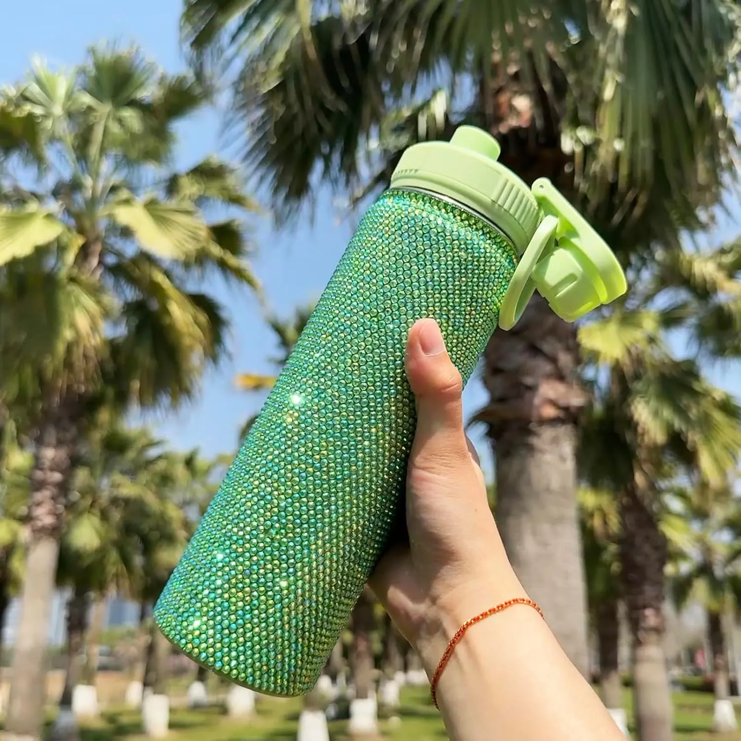 22oz Stainless Steel Bling Crystal Water Bottle Rhinestone Vacuum Insulated Bottle with Spout Lid Reusable Double-Wall Glitter Sport Bottle Gift for Women Girl (Green)