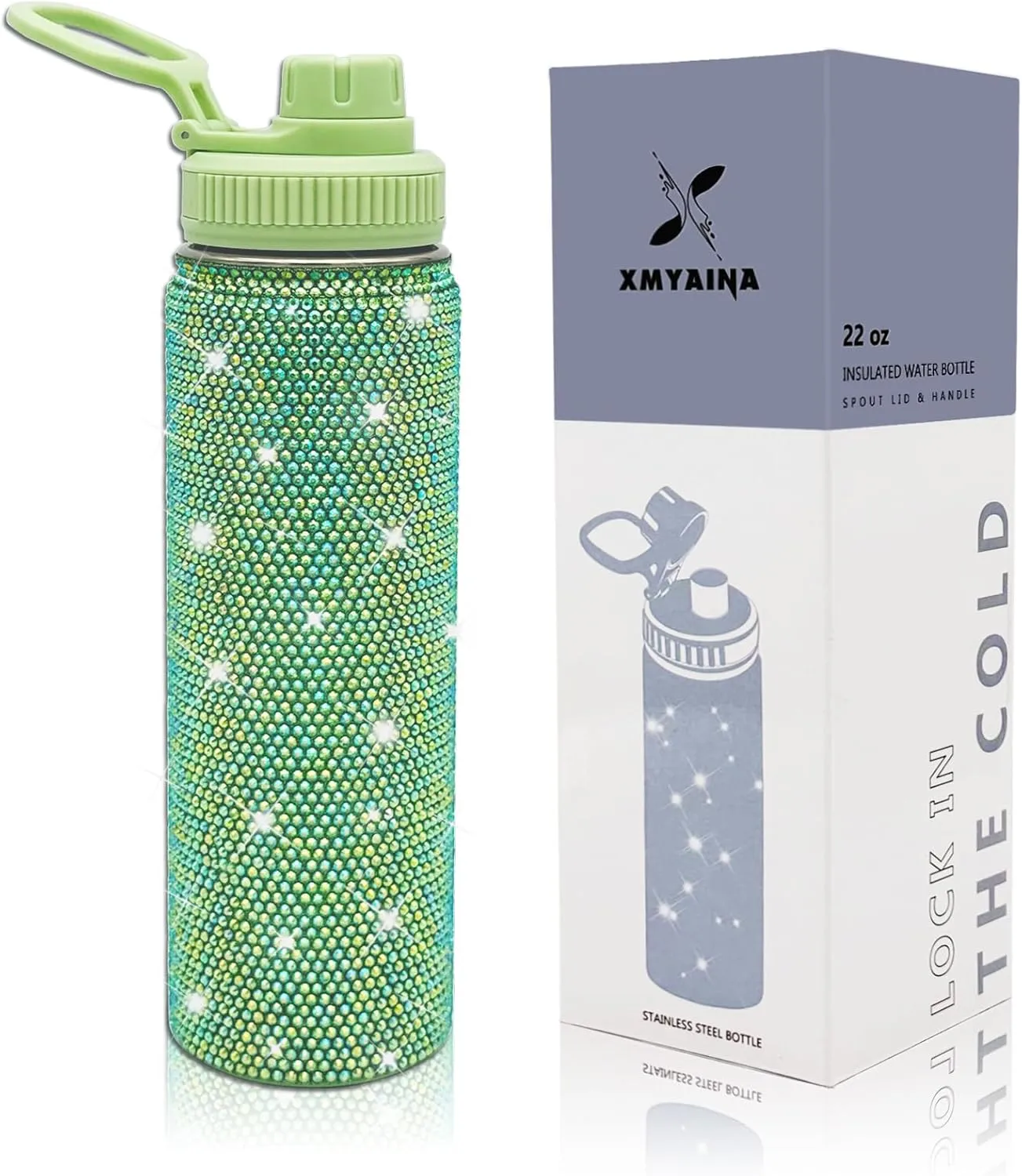 22oz Stainless Steel Bling Crystal Water Bottle Rhinestone Vacuum Insulated Bottle with Spout Lid Reusable Double-Wall Glitter Sport Bottle Gift for Women Girl (Green)
