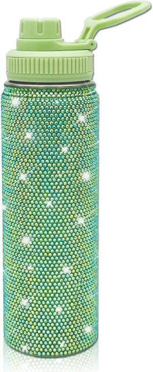 22oz Stainless Steel Bling Crystal Water Bottle Rhinestone Vacuum Insulated Bottle with Spout Lid Reusable Double-Wall Glitter Sport Bottle Gift for Women Girl (Green)